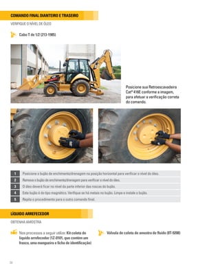 38
Comando final dianteiro e traseiro
VERIFIQUE O NÍVEL DE ÓLEO
Cabo T de 1/2 (213-1985)
Posicione sua Retroescavadeira
Cat®
416E conforme a imagem,
para efetuar a verificação correta
do comando.
1 Posicione o bujão de enchimento/drenagem na posição horizontal para verificar o nível do óleo.
2 Removaobujãodeenchimento/drenagemparaverificaroníveldoóleo.
3 O óleo deverá ficar no nível da parte inferior das roscas do bujão.
4 Este bujão é do tipo magnético. Verifique se há metais no bujão. Limpe e instale o bujão.
5 Repita o procedimento para o outro comando final.
Líquido arrefecedor
OBTENHA AMOSTRA
Válvula de coleta de amostra de fluido (8T-9208)
Nos processos a seguir utilize: Kit coleta do
líquido arrefecedor (1Z-0101, que contém um
frasco,umamangueiraefichadeidentificação)
 