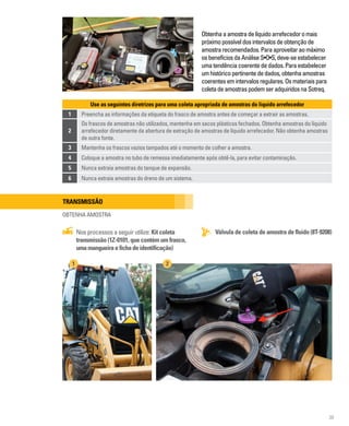 39
Obtenhaaamostradelíquidoarrefecedoromais
próximopossíveldosintervalosdeobtençãode
amostrarecomendados.Paraaproveitaraomáximo
osbenefíciosdaAnáliseS•O•S,deve-seestabelecer
umatendênciacoerentededados.Paraestabelecer
umhistóricopertinentededados,obtenhaamostras
coerentesemintervalosregulares.Osmateriaispara
coletadeamostraspodemseradquiridosnaSotreq.
Use as seguintes diretrizes para uma coleta apropriada de amostras do líquido arrefecedor
1 Preencha as informações da etiqueta do frasco de amostra antes de começar a extrair as amostras.
2
Os frascos de amostras não utilizados, mantenha em sacos plásticos fechados. Obtenha amostras do líquido
arrefecedor diretamente da abertura de extração de amostras de líquido arrefecedor. Não obtenha amostras
de outra fonte.
3 Mantenha os frascos vazios tampados até o momento de colher a amostra.
4 Coloque a amostra no tubo de remessa imediatamente após obtê-la, para evitar contaminação.
5 Nunca extraia amostras do tanque de expansão.
6 Nunca extraia amostras do dreno de um sistema.
OBTENHA AMOSTRA
Válvula de coleta de amostra de fluido (8T-9208)
Nos processos a seguir utilize: Kit coleta
transmissão (1Z-0101, que contém um frasco,
umamangueiraefichadeidentificação)
Transmissão
1 2
 