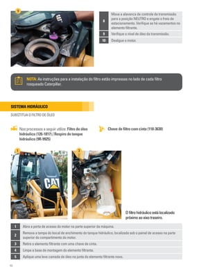 46
8
Mova a alavanca de controle da transmissão
para a posição NEUTRO e engate o freio de
estacionamento. Verifique se há vazamentos no
elemento filtrante.
9 Verifique o nível de óleo da transmissão.
10 Desligue o motor.
NOTA: As instruções para a instalação do filtro estão impressas no lado de cada filtro
rosqueado Caterpillar.
9
Sistema hidráulico
SUBSTITUA O FILTRO DE ÓLEO
Chave de filtro com cinta (118-3630)
Nos processos a seguir utilize: Filtro do óleo
hidráulico (126-1817) / Respiro do tanque
hidráulico (9R-9925)
Ofiltrohidráulicoestálocalizado
próximoaoeixotraseiro.
1 3
1 Abra a porta de acesso do motor na parte superior da máquina.
2
Remova a tampa do bocal de enchimento do tanque hidráulico, localizada sob o painel de acesso na parte
superior do compartimento do motor.
3 Retire o elemento filtrante com uma chave de cinta.
4 Limpe a base de montagem do elemento filtrante.
5 Aplique uma leve camada de óleo na junta do elemento filtrante novo.
 