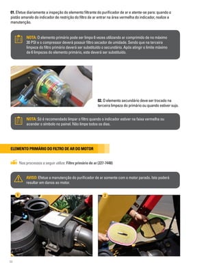 50
01. Efetue diariamente a inspeção do elemento filtrante do purificador de ar e atente-se para: quando o
pistão amarelo do indicador de restrição do filtro de ar entrar na área vermelha do indicador, realize a
manutenção.
NOTA: O elemento primário pode ser limpo 6 vezes utilizando ar comprimido de no máximo
30 PSI e o compressor deverá possuir filtro secador de umidade. Sendo que na terceira
limpeza do filtro primário deverá ser substituído o secundário. Após atingir o limite máximo
de 6 limpezas do elemento primário, este deverá ser substituído.
02. O elemento secundário deve ser trocado na
terceira limpeza do primário ou quando estiver sujo.
NOTA: Só é recomendado limpar o filtro quando o indicador estiver na faixa vermelha ou
acender o símbolo no painel. Não limpe todos os dias.
Elemento primário do filtro de ar do motor
Nos processos a seguir utilize: Filtro primário de ar (227-7448)
AVISO: Efetue a manutenção do purificador de ar somente com o motor parado. Isto poderá
resultar em danos ao motor.
1 2
 