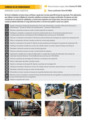 58
1
Instale o tirante do cilindro de levantamento. Para mais informações, consulte o Manual de Operação e
Manutenção, “Tirante do Cilindro de Levantamento – Conectar e Desconectar”.
2 Remova o painel de acesso ao motor no lado esquerdo da máquina.
3
Verifique a condição e o ajuste da correia do condicionador de ar. A correia do compressor do ar-
condicionado deve ter uma flexão de 10 mm (0,38 pol) sob uma força de 110 N (25 lb).
4 Afrouxe a contraporca de ajuste (1). Afrouxe os dois parafusos de montagem do suporte do compressor (2).
5 Mova o compressor até que a tensão correta da correia seja atingida.
6 Aperte a contraporca de ajuste (1). Aperte os dois parafusos de montagem do suporte do compressor (2).
7 Verifique novamente a flexão da correia. Se a flexão estiver incorreta, repita do Passo 4 ao Passo 6.
8 Reinstale o painel de acesso ao motor do lado esquerdo.
9 Remova o painel de acesso ao motor no lado direito da máquina.
10
Inspecione o estado das correias do alternador e o ajuste das correias do alternador. As correias do
alternador deverão flexionar 10 mm (0,38 pol) sob uma força de 110 N (25 lb).
11 Afrouxe o parafuso de montagem (3). Afrouxe a contraporca de ajuste (4).
12 Mova o alternador até obter a tensão correta.
13 Aperte a contraporca de ajuste (4). Aperte o parafuso de montagem (3).
14 Verifique novamente a flexão da correia. Se a flexão estiver incorreta, repita do Passo 11 ao Passo 13.
15 Reinstale o painel de acesso ao motor do lado direito.
16 Dê partida no motor. Levante os braços da caçamba dianteira até a altura máxima.
17
Remova o pino e recoloque o tirante do braço de levantamento da carregadeira na posição de armazenada no
braço de levantamento da carregadeira.
18 Abaixe a caçamba até o solo.
Correias do ar-condicionado
INSPECIONE / AJUSTE / SUBSTITUA Chave combinada 13mm (6V-9093)
Nos processos a seguir utilize: Correia (1P-4334)
Seforeminstaladascorreiasnovas,verifiqueoajustedascorreiasapós30minutosdeoperação.Paraaplicações
queutilizamcorreiasmúltiplasdecomando,substitua-assempreemjogoscombinados.Seapenasumadas
correiasdeumconjuntoforsubstituída,acorreianovasuportaráumacargamaior,umavezqueascorreias
usadasjáestarãoesticadas.Acargaadicionalsobreacorreianovapoderácausarsuaruptura.
1 2
3 4
3
1
2
4
 