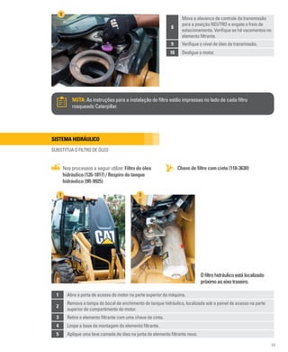 69
8
Mova a alavanca de controle da transmissão
para a posição NEUTRO e engate o freio de
estacionamento. Verifique se há vazamentos no
elemento filtrante.
9 Verifique o nível de óleo da transmissão.
10 Desligue o motor.
NOTA: As instruções para a instalação do filtro estão impressas no lado de cada filtro
rosqueado Caterpillar.
9
Sistema hidráulico
SUBSTITUA O FILTRO DE ÓLEO
Chave de filtro com cinta (118-3630)
Nos processos a seguir utilize: Filtro do óleo
hidráulico (126-1817) / Respiro do tanque
hidráulico (9R-9925)
Ofiltrohidráulicoestálocalizado
próximoaoeixotraseiro.
1 3
1 Abra a porta de acesso do motor na parte superior da máquina.
2
Remova a tampa do bocal de enchimento do tanque hidráulico, localizada sob o painel de acesso na parte
superior do compartimento do motor.
3 Retire o elemento filtrante com uma chave de cinta.
4 Limpe a base de montagem do elemento filtrante.
5 Aplique uma leve camada de óleo na junta do elemento filtrante novo.
 