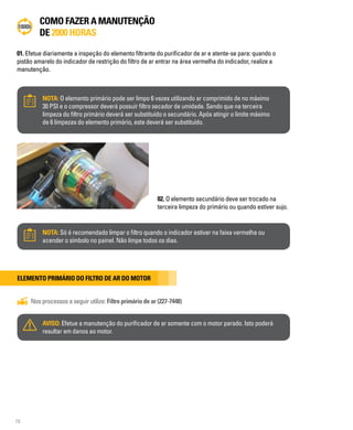 78
COMO FAZER A MANUTENÇÃO
DE 2000 HORAS
01. Efetue diariamente a inspeção do elemento filtrante do purificador de ar e atente-se para: quando o
pistão amarelo do indicador de restrição do filtro de ar entrar na área vermelha do indicador, realize a
manutenção.
NOTA: O elemento primário pode ser limpo 6 vezes utilizando ar comprimido de no máximo
30 PSI e o compressor deverá possuir filtro secador de umidade. Sendo que na terceira
limpeza do filtro primário deverá ser substituído o secundário. Após atingir o limite máximo
de 6 limpezas do elemento primário, este deverá ser substituído.
02. O elemento secundário deve ser trocado na
terceira limpeza do primário ou quando estiver sujo.
NOTA: Só é recomendado limpar o filtro quando o indicador estiver na faixa vermelha ou
acender o símbolo no painel. Não limpe todos os dias.
Elemento primário do filtro de ar do motor
Nos processos a seguir utilize: Filtro primário de ar (227-7448)
AVISO: Efetue a manutenção do purificador de ar somente com o motor parado. Isto poderá
resultar em danos ao motor.
 