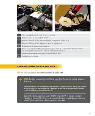 79
1 2
Elemento secundário do filtro de ar do motor
Nos processos a seguir utilize: Filtro secundário de ar (227-7449)
AVISO: Substitua sempre o elemento filtrante secundário. Nunca tente reutilizá-lo através
da limpeza.
Oelementofiltrantesecundáriodeverásersubstituídonaocasiãoemqueseefetuarpelaterceira
vezamanutençãodoelementoprimário.Oelementofiltrantesecundáriodeverásersubstituído
todavezqueelementoprimárioforsubstituído.
1 Abra a porta de acesso do motor no topo da máquina.
2 Remova a tampa do alojamento do filtro de ar.
3 Remova o elemento filtrante primário de dentro do alojamento do filtro de ar.
4 Remova o elemento filtrante primário de dentro da base do filtro.
5 Limpe o interior do alojamento do filtro de ar.
6
Instale um novo elemento filtrante de ar primário para dentro da base do filtro. Instale o novo filtro no
alojamento do filtro de ar. Instale a tampa do alojamento do filtro de ar.
7 Reposicione o indicador de manutenção do filtro de ar do motor.
8 Feche a tampa de acesso.
O elemento filtrante secundário deverá também ser substituído se o pistão amarelo no
indicador do elemento filtrante entrar na área vermelha, após a instalação de um elemento
primário limpo, ou se a fumaça do escape ainda estiver preta.
 