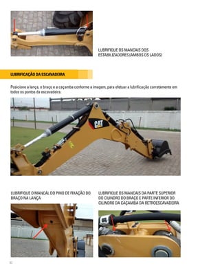 82
LUBRIFIQUE OS MANCAIS DOS
ESTABILIZADORES (AMBOS OS LADOS)
Lubrificação da escavadeira
Posicione a lança, o braço e a caçamba conforme a imagem, para efetuar a lubrificação corretamente em
todos os pontos da escavadeira.
LUBRIFIQUE O MANCAL DO PINO DE FIXAÇÃO DO
BRAÇO NA LANÇA
LUBRIFIQUE OS MANCAIS DA PARTE SUPERIOR
DO CILINDRO DO BRAÇO E PARTE INFERIOR DO
CILINDRO DA CAÇAMBA DA RETROESCAVADEIRA
 