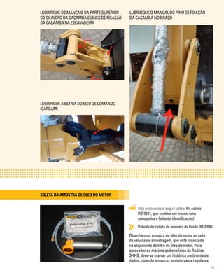83
LUBRIFIQUE OS MANCAIS DA PARTE SUPERIOR
DO CILINDRO DA CAÇAMBA E LINKS DE FIXAÇÃO
DA CAÇAMBA DA ESCAVADEIRA
LUBRIFIQUE A ESTRIA DO EIXO DE COMANDO
(CARDAM)
LUBRIFIQUE O MANCAL DO PINO DE FIXAÇÃO
DA CAÇAMBA NO BRAÇO
Nos processos a seguir utilize: Kit coleta
(1Z-0101, que contém um frasco, uma
mangueira e ficha de identificação)
Coleta da amostra de óleo do motor
Obtenha uma amostra de óleo do motor através
da válvula de amostragem, que está localizada
no alojamento do filtro de óleo do motor. Para
aproveitar ao máximo os benefícios da Análise
S•O•S, deve-se manter um histórico pertinente de
dados, obtendo amostras em intervalos regulares.
Válvula de coleta de amostra de fluido (8T-9208)
 