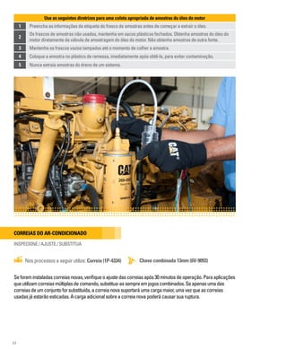 84
Use as seguintes diretrizes para uma coleta apropriada de amostras do óleo do motor
1 Preencha as informações da etiqueta do frasco de amostras antes de começar a extrair o óleo.
2
Os frascos de amostras não usados, mantenha em sacos plásticos fechados. Obtenha amostras do óleo do
motor diretamente da válvula de amostragem do óleo do motor. Não obtenha amostras de outra fonte.
3 Mantenha os frascos vazios tampados até o momento de colher a amostra.
4 Coloque a amostra no plástico de remessa, imediatamente após obtê-la, para evitar contaminação.
5 Nunca extraia amostras do dreno de um sistema.
Correias do ar-condicionado
INSPECIONE / AJUSTE / SUBSTITUA
Chave combinada 13mm (6V-9093)
Nos processos a seguir utilize: Correia (1P-4334)
Seforeminstaladascorreiasnovas,verifiqueoajustedascorreiasapós30minutosdeoperação.Paraaplicações
queutilizamcorreiasmúltiplasdecomando,substitua-assempreemjogoscombinados.Seapenasumadas
correiasdeumconjuntoforsubstituída,acorreianovasuportaráumacargamaior,umavezqueascorreias
usadasjáestarãoesticadas.Acargaadicionalsobreacorreianovapoderácausarsuaruptura.
 