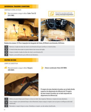 86
Bujões de acesso: (1) Para inspeção de desgaste de freios, (2) Nível e enchimento, (3) Dreno.
Diferencial traseiro e dianteiro
VERIFIQUE O NÍVEL DE ÓLEO
Nos processos a seguir utilize: Cabo T de 1/2
(213-1985)
1 Remova o bujão de óleo de nível e enchimento (2) para verificar o nível do óleo.
2 Oníveldoóleodeveestarnaparteinferiordasroscasdobujão.
3 Limpe e instale o bujão de óleo de nível e enchimento (2).
4 Repita o procedimento para diferencial dianteiro.
Encontre sua peça pelo site:
sotreq.com.br/pecas/partstore
O respiro do eixo dianteiro localiza-se no lado direito
superior do alojamento do diferencial. O respiro
do eixo traseiro localiza-se no lado esquerdo do
alojamento do diferencial.
Respiro do eixo
LIMPE OU SUBSTITUA
Chave combinada 14mm (6V-9094)
Nos processos a seguir utilize: Respiro
(253-5024)
1 Utilize um pano limpo para limpar a área ao redor dos respiros. Remova o respiro do eixo dianteiro.
2
Laveorespirocomsolventelimpoenãoinflamável.Limpeesequeorespirocomumpanoeverifiqueseeleestá
danificado.
3 Reinstale o respiro limpo no eixo. Substitua o respiro, se ele estiver danificado.
 