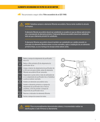 9
Elemento secundário do filtro de ar do motor
Nos processos a seguir utilize: Filtro secundário de ar (227-7449)
AVISO: Substitua sempre o elemento filtrante secundário. Nunca tente reutilizá-lo através
da limpeza.
Oelementofiltrantesecundáriodeverásersubstituídonaocasiãoemqueseefetuarpelaterceira
vezamanutençãodoelementoprimário.Oelementofiltrantesecundáriodeverásersubstituído
todavezqueoelementoprimárioforsubstituído.
O elemento filtrante secundário deverá também ser substituído se o pistão amarelo no
indicador do elemento filtrante entrar na área vermelha, após a instalação de um elemento
primário limpo, ou se a fumaça do escape ainda estiver preta.
1
Retire a tampa do alojamento do purificador
de ar (1).
2
Retire o filtro primário (2) do alojamento do
purificador de ar.
3
Limpe o interior do alojamento do purificador de
ar (4) com um pano úmido, antes do elemento
filtrante secundário (3) ser removido.
4
Inspecione a junta entre o tubo da admissão de
ar e o alojamento do purificador de ar. Substitua
a junta se estiver avariada.
5 Instale um elemento secundário novo.
6
Instale o elemento primário e a tampa do
alojamento do purificador de ar. Fixe as
presilhas, a fim de prender a tampa do
alojamento do purificador de ar.
7 Rearme o indicador do elemento filtrante.
8 Feche a tampa de acesso do motor.
AVISO: Para os procedimentos demonstrados abaixo, é recomendado realizar as
lubrificações a cada 10 horas ou diariamente.
 