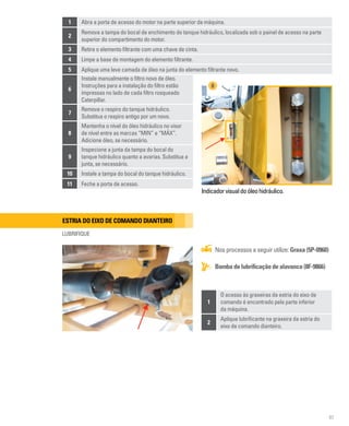 97
6
Instale manualmente o filtro novo de óleo.
Instruções para a instalação do filtro estão
impressas no lado de cada filtro rosqueado
Caterpillar.
7
Remova o respiro do tanque hidráulico.
Substitua o respiro antigo por um novo.
8
Mantenha o nível do óleo hidráulico no visor
de nível entre as marcas “MIN” e “MÁX”.
Adicione óleo, se necessário.
9
Inspecione a junta da tampa do bocal do
tanque hidráulico quanto a avarias. Substitua a
junta, se necessário.
10 Instale a tampa do bocal do tanque hidráulico.
11 Feche a porta de acesso.
1 Abra a porta de acesso do motor na parte superior da máquina.
2
Remova a tampa do bocal de enchimento do tanque hidráulico, localizada sob o painel de acesso na parte
superior do compartimento do motor.
3 Retire o elemento filtrante com uma chave de cinta.
4 Limpe a base de montagem do elemento filtrante.
5 Aplique uma leve camada de óleo na junta do elemento filtrante novo.
Indicadorvisualdoóleohidráulico.
8
Estria do eixo de comando dianteiro
LUBRIFIQUE
Bomba de lubrificação de alavanca (8F-9866)
Nos processos a seguir utilize: Graxa (5P-0960)
1
O acesso às graxeiras da estria do eixo de
comando é encontrado pela parte inferior
da máquina.
2
Aplique lubrificante na graxeira da estria do
eixo de comando dianteiro.
 