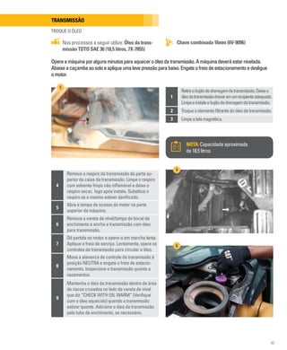 99
1
Retireobujãodedrenagemdatransmissão.Deixeo
óleodatransmissãodrenaremumrecipienteadequado.
Limpeeinstaleobujãodedrenagemdatransmissão.
2 Troqueoelementofiltrantedoóleodatransmissão.
3 Limpeatelamagnética.
Transmissão
TROQUE O ÓLEO
Chave combinada 16mm (6V-9096)
Nos processos a seguir utilize: Óleo da trans-
missão TDTO SAE 30 (18,5 litros, 7X-7855)
Opereamáquinaporalgunsminutosparaaqueceroóleodatransmissão.Amáquinadeveráestarnivelada.
Abaixeacaçambaaosoloeapliqueumalevepressãoparabaixo.Engateofreiodeestacionamentoedesligue
omotor.
NOTA:Capacidadeaproximada
de18,5litros.
1
4
Remova o respiro da transmissão da parte su-
perior da caixa da transmissão. Limpe o respiro
com solvente limpo não inflamável e deixe o
respiro secar, logo após instale. Substitua o
respiro se o mesmo estiver danificado.
5
Abra a tampa de acesso do motor na parte
superior da máquina.
6
Remova a vareta de nível/tampa do bocal de
enchimento e encha a transmissão com óleo
para transmissão.
7
Dê partida no motor e opere-o em marcha lenta.
Aplique o freio de serviço. Lentamente, opere os
controles da transmissão para circular o óleo.
8
Mova a alavanca de controle da transmissão à
posição NEUTRA e engate o freio de estacio-
namento. Inspecione a transmissão quanto a
vazamentos.
9
Mantenha o óleo da transmissão dentro da área
de riscos cruzados no lado da vareta de nível
que diz “CHECK WITH OIL WARM” (Verifique
com o óleo aquecido) quando a transmissão
estiver quente. Adicione o óleo da transmissão
pelo tubo de enchimento, se necessário.
4
6
 