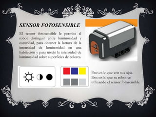 SENSOR FOTOSENSIBLE
El sensor fotosensible le permite al
robot distinguir entre luminosidad y
oscuridad, para obtener la lectura de la
intensidad de luminosidad en una
habitación y para medir la intensidad de
luminosidad sobre superficies de colores.



                                            Esto es lo que ven sus ojos.
                                            Esto es lo que su robot ve
                                            utilizando el sensor fotosensible
 