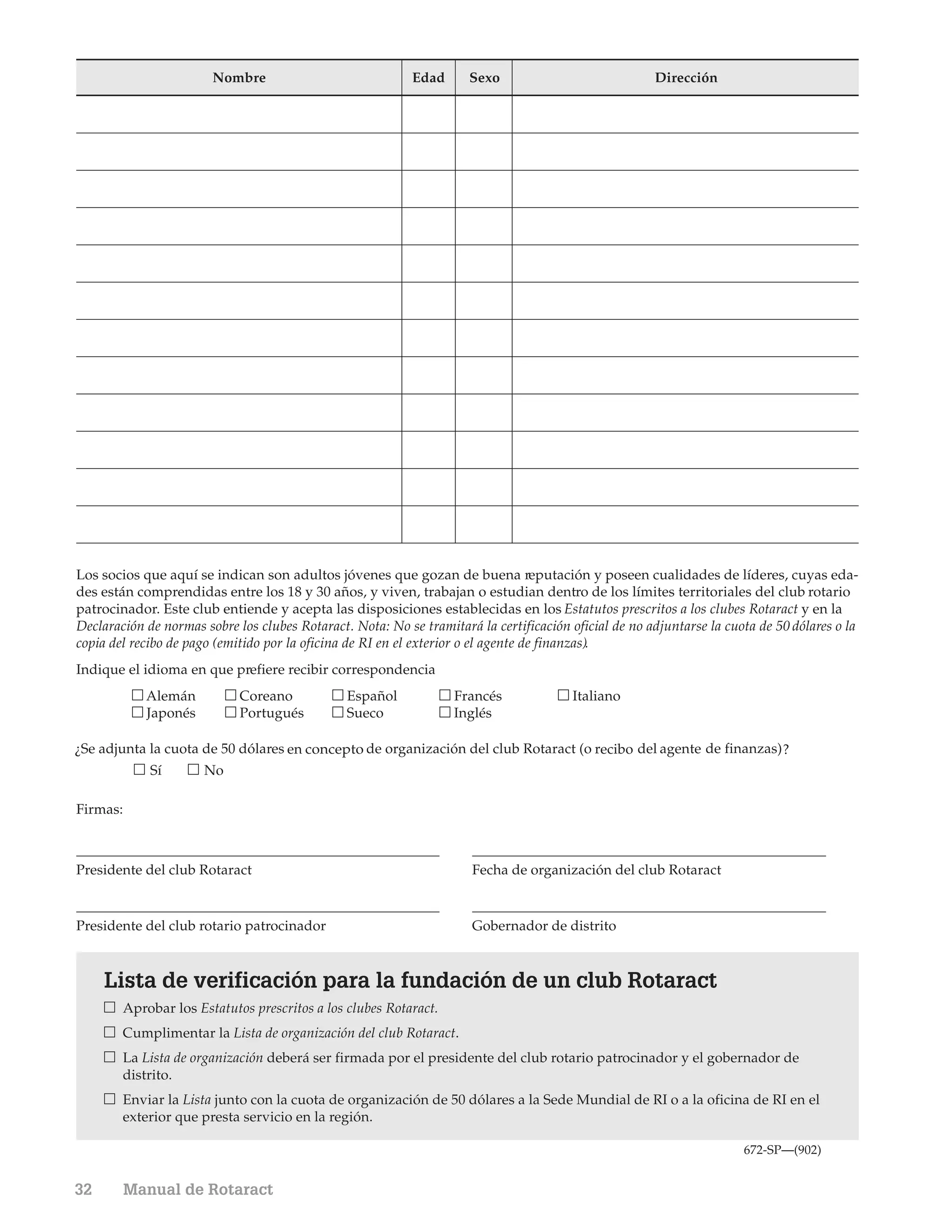 Nombre                              Edad      Sexo                             Dirección




Los socios que aquí se indican son adultos jóvenes que gozan de buena reputación y poseen cualidades de líderes, cuyas eda-
des están comprendidas entre los 18 y 30 años, y viven, trabajan o estudian dentro de los límites territoriales del club rotario
patrocinador. Este club entiende y acepta las disposiciones establecidas en los Estatutos prescritos a los clubes Rotaract y en la
Declaración de normas sobre los clubes Rotaract. Nota: No se tramitará la certificación oficial de no adjuntarse la cuota de 50 dólares o la
copia del recibo de pago (emitido por la oficina de RI en el exterior o el agente de finanzas).
Indique el idioma en que prefiere recibir correspondencia
            Alemán           Coreano            Español            Francés              Italiano
            Japonés          Portugués          Sueco              Inglés

¿Se adjunta la cuota de 50 dólares en concepto de organización del club Rotaract (o recibo del agente de finanzas) ?
             Sí       No

Firmas:



Presidente del club Rotaract                                          Fecha de organización del club Rotaract


Presidente del club rotario patrocinador                              Gobernador de distrito



     Lista de verificación para la fundación de un club Rotaract
        Aprobar los Estatutos prescritos a los clubes Rotaract.
        Cumplimentar la Lista de organización del club Rotaract.
        La Lista de organización deberá ser firmada por el presidente del club rotario patrocinador y el gobernador de
        distrito.
        Enviar la Lista junto con la cuota de organización de 50 dólares a la Sede Mundial de RI o a la oficina de RI en el
        exterior que presta servicio en la región.

                                                                                                                       672-SP—(902)


32        Manual de Rotaract
 