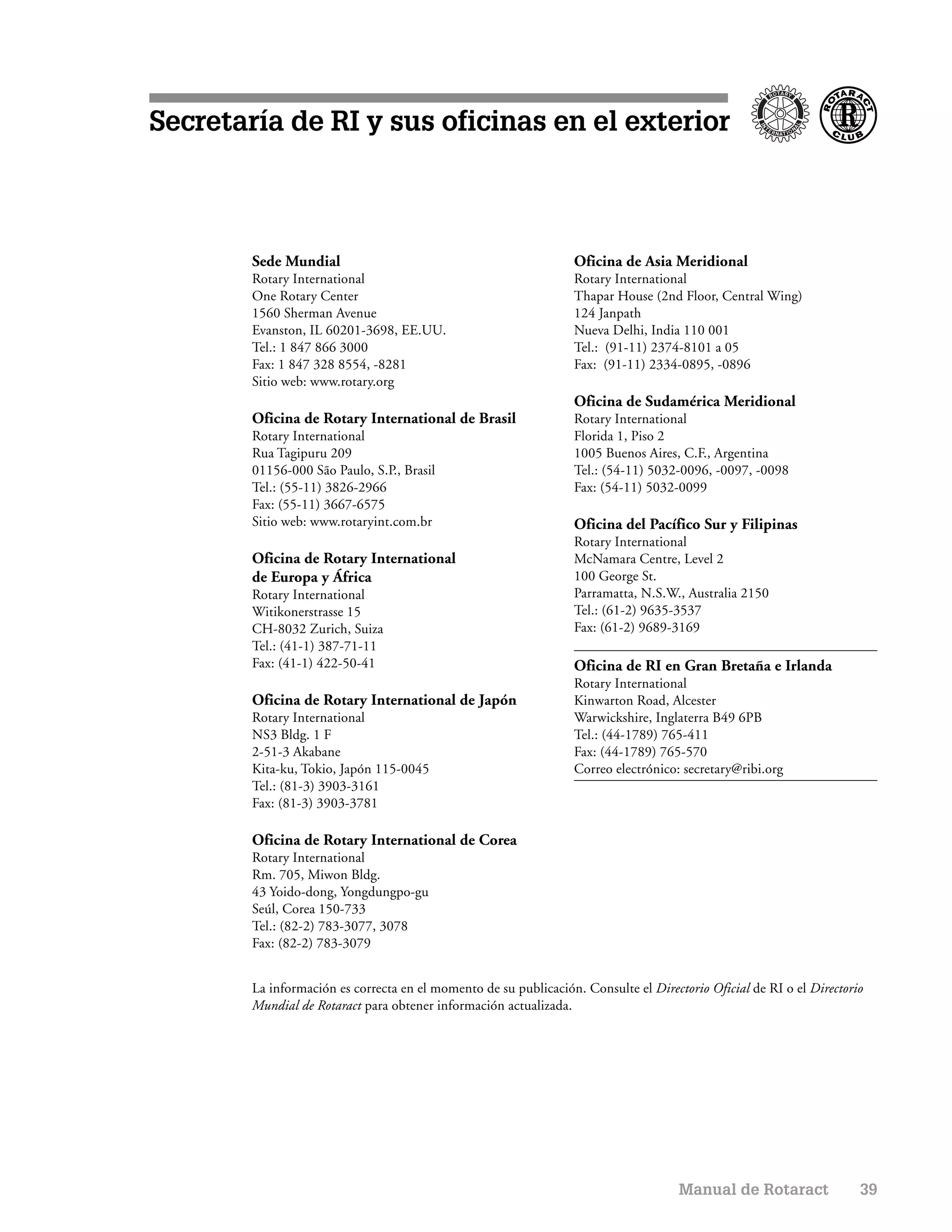 Secretaría de RI y sus oficinas en el exterior



        Sede Mundial                                               Oficina de Asia Meridional
        Rotary International                                       Rotary International
        One Rotary Center                                          Thapar House (2nd Floor, Central Wing)
        1560 Sherman Avenue                                        124 Janpath
        Evanston, IL 60201-3698, EE.UU.                            Nueva Delhi, India 110 001
        Tel.: 1 847 866 3000                                       Tel.: (91-11) 2374-8101 a 05
        Fax: 1 847 328 8554, -8281                                 Fax: (91-11) 2334-0895, -0896
        Sitio web: www.rotary.org
                                                                   Oficina de Sudamérica Meridional
        Oficina de Rotary International de Brasil                  Rotary International
        Rotary International                                       Florida 1, Piso 2
        Rua Tagipuru 209                                           1005 Buenos Aires, C.F., Argentina
        01156-000 São Paulo, S.P., Brasil                          Tel.: (54-11) 5032-0096, -0097, -0098
        Tel.: (55-11) 3826-2966                                    Fax: (54-11) 5032-0099
        Fax: (55-11) 3667-6575
        Sitio web: www.rotaryint.com.br                            Oficina del Pacífico Sur y Filipinas
                                                                   Rotary International
        Oficina de Rotary International                            McNamara Centre, Level 2
        de Europa y África                                         100 George St.
        Rotary International                                       Parramatta, N.S.W., Australia 2150
        Witikonerstrasse 15                                        Tel.: (61-2) 9635-3537
        CH-8032 Zurich, Suiza                                      Fax: (61-2) 9689-3169
        Tel.: (41-1) 387-71-11
        Fax: (41-1) 422-50-41                                      Oficina de RI en Gran Bretaña e Irlanda
                                                                   Rotary International
        Oficina de Rotary International de Japón                   Kinwarton Road, Alcester
        Rotary International                                       Warwickshire, Inglaterra B49 6PB
        NS3 Bldg. 1 F                                              Tel.: (44-1789) 765-411
        2-51-3 Akabane                                             Fax: (44-1789) 765-570
        Kita-ku, Tokio, Japón 115-0045                             Correo electrónico: secretary@ribi.org
        Tel.: (81-3) 3903-3161
        Fax: (81-3) 3903-3781

        Oficina de Rotary International de Corea
        Rotary International
        Rm. 705, Miwon Bldg.
        43 Yoido-dong, Yongdungpo-gu
        Seúl, Corea 150-733
        Tel.: (82-2) 783-3077, 3078
        Fax: (82-2) 783-3079


        La información es correcta en el momento de su publicación. Consulte el Directorio Oficial de RI o el Directorio
        Mundial de Rotaract para obtener información actualizada.




                                                                                      Manual de Rotaract               39
 