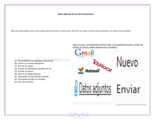 Datos adjuntos de un correo electrónico




Que va o está unido a otra cosa y dependiente de esta; En particular, dicho de un cargo u oficio, que acompaña a un titular para ayudarle.




                                                                      AQUÍ COLOCA LAS IMÁGENES RESPECTIVAS. (LAS IMÁGENES DEBEN LLEVAR UN
                                                                      ORDEN, ES DECIR, DEBEN HABLAR POR SI MISMAS)




    55.   Previamente la computadora encendida
    56.   Entrar a tu correo electrónico
    57.   Dar clic en nuevo
    58.   Escribir el destinatario (puedes ser tu)
    59.   Escribir el asunto
    60.   Dar clic en datos adjuntos
    61.   Seleccionar el documento deseado
    62.   Si se desea escribir un mensaje
    63.   Dar clic en enviar




                                                                            14
 