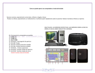 Como se puede operar una computadora a través del teclado




Ejecutar acciones, especialmente comerciales, militares o ilegales. Actuar.
Producir un efecto, especialmente un medicamento: el calmante operó rápidamente sobre el paciente. Realizar maniobras militares un ejército.




                                                                    AQUÍ COLOCA LAS IMÁGENES RESPECTIVAS. (LAS IMÁGENES DEBEN LLEVAR UN
                                                                    ORDEN, ES DECIR, DEBEN HABLAR POR SI MISMAS)



   69.   Previamente la computadora encendida
   70.   CTRL+C
   71.   CTRL+V
   72.   ALT+TAB
   73.   Alt+0191 ¿ Interrogación de apertura
   74.   Alt+248 ° Grado
   75.   Alt+167 º Ordinal masculino voladita
   76.   Alt+166 ª Ordinal femenino voladita
   77.   Alt+0133 ... Puntos suspensivos
   78.   Alt+0145 ' Comillas simples de apertura
   79.   Alt+0146 ' Comillas simples de cierre
         Existen muchas claves de teclado




                                                                         16
 