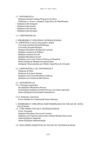 MANUAL DE SAÚDE PÚBLICA
2 3 1
1.2. SINTOMÁTICA
Epilepsia Parcial Contínua Progressiva Crônica
Síndromes c/ Crises c/ Quadros Específicos de Manifestação
- Epilepsia Lobo Temporal
- Epilepsia Lobo Frontal
- Epilepsia Lobo Parietal
- Epilepsia Lobo Occipital
1.3. CRIPTOGÊNICAS
2. SÍNDROMES E EPILEPSIAS GENERALIZADAS
2.1. IDIOPÁTICA (início relacionado à idade)
Convulsão Familiar Neonatal Benigna
Convulsão Neonatal Benigna
Epilepsia Mioclônica Benigna do Lactente
Epilepsia Ausência da Infância
Epilepsia Ausência Juvenil
Epilepsia Mioclônica Juvenil
Epilepsia com Crises Tônico-Clônicas ao Despertar
Outras Epilepsias Idiopáticas Generalizadas
Epilepsias Desencadeadas por Modos Específicos de Ativação
2.2. CRIPTOGÊNICA OU SINTOMÁTICA
Síndrome de West
Síndrome de Lennox-Gastaut
Epilepsia com Crises Mioclônico-astáticas
Epilepsia com Ausências Mioclônicas
2.3. SINTOMÁTICAS
2.3.1. Etiologia inespecífica
Encefalopatia Mioclônica Precoce
Encefalopatia Epiléptica Infantil Precoce com Surto-supressão
Outras Epilepsia Generalizadas Sintomáticas
2.3.2. Síndromes específicas
Crises Epilépticas Complicando Outras Doenças
3. SÍNDROMES E EPILEPSIAS INDETERMINADAS SE FOCAIS OU GENE-
RALIZADAS
3.1. COM CRISES FOCAIS E GENERALIZADAS
Crises Neonatais
Epilepsia Mioclônica Severa do Lactente
Epilepsia com Espícula-onda Lenta Contínua Durante Sono Lento
Afasia Epiléptica Adquirida
Outras Epilepsias Indeterminadas
3.2. SEM CRISES INEQUÍVOCAS FOCAIS OU GENERALIZADAS
 