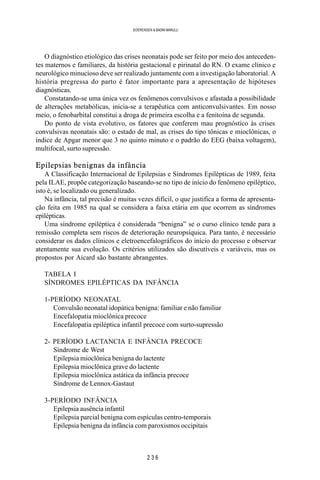 2 3 6
SOERENSEN & BADINI MARULLI
O diagnóstico etiológico das crises neonatais pode ser feito por meio dos anteceden-
tes maternos e familiares, da história gestacional e pirinatal do RN. O exame clínico e
neurológico minucioso deve ser realizado juntamente com a investigação laboratorial. A
história pregressa do parto é fator importante para a apresentação de hipóteses
diagnósticas.
Constatando-se uma única vez os fenômenos convulsivos e afastada a possibilidade
de alterações metabólicas, inicia-se a terapêutica com anticonvulsivantes. Em nosso
meio, o fenobarbital constitui a droga de primeira escolha e a fenitoína de segunda.
Do ponto de vista evolutivo, os fatores que conferem mau prognóstico às crises
convulsivas neonatais são: o estado de mal, as crises do tipo tônicas e mioclônicas, o
índice de Apgar menor que 3 no quinto minuto e o padrão do EEG (baixa voltagem),
multifocal, surto supressão.
Epilepsias benignas da infância
A Classificação Internacional de Epilepsias e Síndromes Epilépticas de 1989, feita
pela ILAE, propõe categorização baseando-se no tipo de início do fenômeno epiléptico,
isto é, se localizado ou generalizado.
Na infância, tal precisão é muitas vezes difícil, o que justifica a forma de apresenta-
ção feita em 1985 na qual se considera a faixa etária em que ocorrem as síndromes
epilépticas.
Uma síndrome epiléptica é considerada “benigna” se o curso clínico tende para a
remissão completa sem riscos de deterioração neuropsíquica. Para tanto, é necessário
considerar os dados clínicos e eletroencefalográficos do início do processo e observar
atentamente sua evolução. Os critérios utilizados são discutíveis e variáveis, mas os
propostos por Aicard são bastante abrangentes.
TABELA I
SÍNDROMES EPILÉPTICAS DA INFÂNCIA
1-PERÍODO NEONATAL
Convulsão neonatal idopática benigna: familiar e não familiar
Encefalopatia mioclônica precoce
Encefalopatia epiléptica infantil precoce com surto-supressão
2- PERÍODO LACTANCIA E INFÂNCIA PRECOCE
Síndrome de West
Epilepsia mioclônica benigna do lactente
Epilepsia mioclônica grave do lactente
Epilepsia mioclônica astática da infância precoce
Síndrome de Lennox-Gastaut
3-PERÍODO INFÂNCIA
Epilepsia ausência infantil
Epilepsia parcial benigna com espículas centro-temporais
Epilepsia benigna da infância com paroxismos occipitais
 
