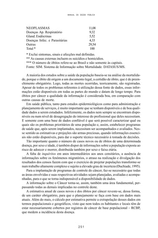 MANUAL DE SAÚDE PÚBLICA
2 5 1
NEOPLASMAS 11,08
Doenças Ap. Respiratório 9,32
Gland. Endócrinas 5,52
Doenças Infec. e Parasitárias 4,33
Outras 29,54
Total * 100
* Exclui sintomas, sinais e afecções mal definidas.
** As causas externas incluem os suicídios e homicídios.
*** O número de óbitos refere-se ao Brasil e não somente às capitais.
Fonte: SIM. Sistema de Informação sobre Mortalidade. DATASUS/MS.
A maioria dos estudos sobre a saúde da população baseia-se na análise da mortalida-
de, porque o óbito dá origem a um documento legal, a certidão de óbito, que é de preen-
chimento obrigatório. Logo, todas as mortes ocorridas, teoricamente, são registradas.
Apesar de todos os problemas referentes à utilização dessa fonte de dados, essas infor-
mações estão disponíveis em todas as partes do mundo e datam de longo tempo. Para
óbitos por câncer a qualidade da informação é considerada boa, em comparação com
outras causas de morte.
Em saúde pública, tanto para estudos epidermiológicos como para administração e
planejamento de serviços, é muito importante que se tenham disponíveis e de boa quali-
dade dados a serem estudados. Infelizmente, os dados nem sempre se encontram dispo-
níveis ou num nível de desagregação do interesse do profissional que deles necessitam.
E somente com uma base de dados confiável é que será possível caracterizar qual ou
quais são os problemas prioritários de uma população e, assim, estabelecer programas
de saúde que, após serem implantados, necessitam ser acompanhados e avaliados. Nes-
se sentido as estimativas e projeções são armas preciosas, quando informações essenci-
ais não estão disponíveis, para dar o suporte técnico necessário à tomada de decisões.
Tão importante quanto o número de casos novos ou de óbitos de uma determinada
doença, por sexo e idade, é também dispor de informações sobre a população exposta ao
risco de adoecer e morrer, distribuída também por sexo e faixa etária.
A falta de inquéritos em anos intermediários aos anos censitários, a ausência de
informações sobre os fenômenos migratórios, o atraso na realização e divulgação dos
resultados dos censos fazem com que o exercício de projetar populações transforme-se
num trabalho altamente complexo e sujeito a elevado grau de incerteza (Duchiade, 1995).
Para a implantação de programas de controle do câncer, faz-se necessário que todas
as áreas envolvidas e suas respectivas atividades sejam planejadas, avaliadas e acompa-
nhadas, para o que se torna indispensável a disponibilidade de dados.
A informação sobre o Câncer torna-se, assim, também uma área fundamental, per-
passando todas as demais implicadas no controle deste.
A estimativa anual de casos novos e dos óbitos por câncer reveste-se, dessa forma,
de um caráter obrigatório, para que o planejamento se faça com base em dados mais
atuais. Além do mais, o cálculo por estimativa permite a extrapolação desses dados em
termos populacionais e geográficos, visto que nem todos os habitantes e locais têm de
estar necessariamente cobertos por registros de câncer de base populacional – RCBP,
que medem a incidência desta doença.
 