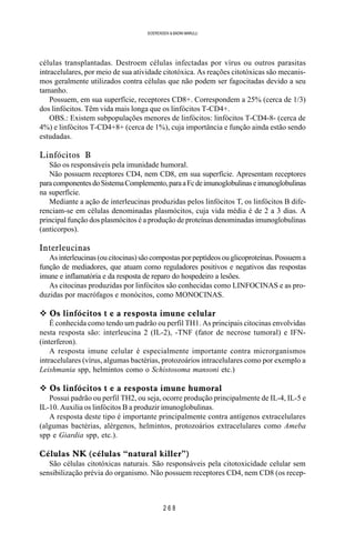 2 6 8
SOERENSEN & BADINI MARULLI
células transplantadas. Destroem células infectadas por vírus ou outros parasitas
intracelulares, por meio de sua atividade citotóxica. As reações citotóxicas são mecanis-
mos geralmente utilizados contra células que não podem ser fagocitadas devido a seu
tamanho.
Possuem, em sua superfície, receptores CD8+. Correspondem a 25% (cerca de 1/3)
dos linfócitos. Têm vida mais longa que os linfócitos T-CD4+.
OBS.: Existem subpopulações menores de linfócitos: linfócitos T-CD4-8- (cerca de
4%) e linfócitos T-CD4+8+ (cerca de 1%), cuja importância e função ainda estão sendo
estudadas.
Linfócitos B
São os responsáveis pela imunidade humoral.
Não possuem receptores CD4, nem CD8, em sua superfície. Apresentam receptores
paracomponentesdoSistemaComplemento,paraaFcdeimunoglobulinaseimunoglobulinas
na superfície.
Mediante a ação de interleucinas produzidas pelos linfócitos T, os linfócitos B dife-
renciam-se em células denominadas plasmócitos, cuja vida média é de 2 a 3 dias. A
principal função dos plasmócitos é a produção de proteínas denominadas imunoglobulinas
(anticorpos).
Interleucinas
Asinterleucinas(oucitocinas)sãocompostasporpeptídeosouglicoproteínas.Possuema
função de mediadores, que atuam como reguladores positivos e negativos das respostas
imune e inflamatória e da resposta de reparo do hospedeiro a lesões.
As citocinas produzidas por linfócitos são conhecidas como LINFOCINAS e as pro-
duzidas por macrófagos e monócitos, como MONOCINAS.
v Os linfócitos t e a resposta imune celular
É conhecida como tendo um padrão ou perfil TH1. As principais citocinas envolvidas
nesta resposta são: interleucina 2 (IL-2), -TNF (fator de necrose tumoral) e IFN-
(interferon).
A resposta imune celular é especialmente importante contra microrganismos
intracelulares (vírus, algumas bactérias, protozoários intracelulares como por exemplo a
Leishmania spp, helmintos como o Schistosoma mansoni etc.)
v Os linfócitos t e a resposta imune humoral
Possui padrão ou perfil TH2, ou seja, ocorre produção principalmente de IL-4, IL-5 e
IL-10. Auxilia os linfócitos B a produzir imunoglobulinas.
A resposta deste tipo é importante principalmente contra antígenos extracelulares
(algumas bactérias, alérgenos, helmintos, protozoários extracelulares como Ameba
spp e Giardia spp, etc.).
Células NK (células “natural killer”)
São células citotóxicas naturais. São responsáveis pela citotoxicidade celular sem
sensibilização prévia do organismo. Não possuem receptores CD4, nem CD8 (os recep-
 