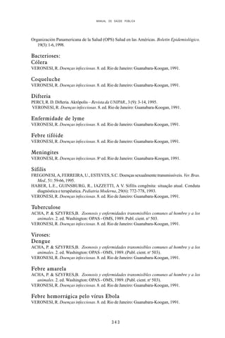 MANUAL DE SAÚDE PÚBLICA
3 4 3
Organización Panamericana de la Salud (OPS) Salud en las Américas. Boletin Epidemiológico.
19(3):1-6,1998.
Bacterioses:
Cólera
VERONESI, R. Doenças infecciosas. 8. ed. Rio de Janeiro: Guanabara-Koogan, 1991.
Coqueluche
VERONESI, R. Doenças infecciosas. 8. ed. Rio de Janeiro: Guanabara-Koogan, 1991.
Difteria
PERCI, R. D. Difteria. Akrôpolis – Revista da UNIPAR., 3 (9): 3-14, 1995.
VERONESI, R. Doenças infecciosas. 8. ed. Rio de Janeiro: Guanabara-Koogan, 1991.
Enfermidade de lyme
VERONESI, R. Doenças infecciosas. 8. ed. Rio de Janeiro: Guanabara-Koogan, 1991.
Febre tifóide
VERONESI, R. Doenças infecciosas. 8. ed. Rio de Janeiro: Guanabara-Koogan, 1991.
Meningites
VERONESI, R. Doenças infecciosas. 8a
ed. Rio de Janeiro: Guanabara-Koogan, 1991.
Sífilis
FREGONESI, A, FERREIRA, U., ESTEVES, S.C. Doenças sexualmente transmissíveis. Ver. Bras.
Med.,51:59-66,1995.
HABER, L.E., GUINSBURG, R., IAZZETTI, A V. Sífilis congênita: situação atual. Conduta
diagnóstica e terapêutica. Pediatria Moderna, 29(6): 772-778, 1993.
VERONESI, R. Doenças infecciosas. 8. ed. Rio de Janeiro: Guanabara-Koogan, 1991.
Tuberculose
ACHA, P. & SZYFRES,B. Zoonosis y enfermidades transmisibles comunes al hombre y a los
animales. 2. ed. Washington: OPAS - OMS, 1989. Publ. cient. no
503.
VERONESI, R. Doenças infecciosas. 8. ed. Rio de Janeiro: Guanabara-Koogan, 1991.
Viroses:
Dengue
ACHA, P. & SZYFRES,B. Zoonosis y enfermidades transmisibles comunes al hombre y a los
animales. 2. ed. Washington: OPAS - OMS, 1989. (Publ. cient. no
503).
VERONESI, R. Doenças infecciosas. 8. ed. Rio de Janeiro: Guanabara-Koogan, 1991.
Febre amarela
ACHA, P. & SZYFRES,B. Zoonosis y enfermidades transmisibles comunes al hombre y a los
animales. 2. ed. Washington: OPAS - OMS, 1989. (Publ. cient. no
503).
VERONESI, R. Doenças infecciosas. 8. ed. Rio de Janeiro: Guanabara-Koogan, 1991.
Febre hemorrágica pelo vírus Ebola
VERONESI, R. Doenças infecciosas. 8. ed. Rio de Janeiro: Guanabara-Koogan, 1991.
 