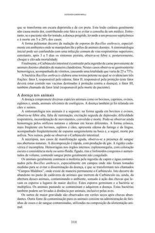 3 5 6
SOERENSEN & BADINI MARULLI
que se transforma em escara deprimida e de cor preta. Esta lesão cutânea geralmente
não causa muita dor, contribuindo este fato a se evitar a consulta de um médico. Entre-
tanto, se o paciente não for tratado, a doença progride, levando a um processo septicêmico
e à morte em 5 a 20% dos casos.
A forma pulmonar decorre da inalação de esporos do Bacillus anthracis, especial-
mente em ambientes onde se manipulam lãs e pêlos de animais doentes. A sintomatologia
inicial pode ser confundida com uma infecção comum de vias respiratórias superiores;
entretanto, após 3 a 5 dias os sintomas pioram, observa-se febre e, posteriormente,
choque e elevada mortalidade.
Finalmente, o Carbúnculo intestinal é contraído pela ingestão de carne proveniente de
animais doentes abatidos de maneira clandestina. Nestes casos observa-se gastroenterite
hemorrágica, acompanhada de vômitos, causando uma letalidade que varia de 25 a 75%.
A bactéria Bacillus anthracis elabora uma toxina potente na qual se evidenciam três
frações: fator I, responsável pelo edema; fator II, responsável pela proteção (este fator
deverá estar contido nas vacinas destinadas à proteção contra a doença), e fator III,
também chamado de fator letal (responsável pela morte do paciente).
A doença nos animais
A doença compromete diversas espécies animais como os bovinos, caprinos, ovinos,
eqüinos e, ainda, animais silvestres de zoológicos. A doença também já foi relatada em
cães e suínos.
A sintomatologia nos animais é a seguinte: na forma aguda em bovinos e ovinos,
observa-se febre alta, falta de ruminação, excitação seguida de depressão, dificuldade
respiratória, incoordenação de movimentos, convulsão e morte. Pode-se observar ainda
hemorragia pelos orifícios naturais e edemas em locais diferentes. A forma crônica,
mais freqüente em bovinos, eqüinos e cães, apresenta edema da faringe e da língua,
acompanhado freqüentemente de espuma sanguinolenta na boca e, a seguir, morte por
asfixia. Nos suínos, pode-se observar o Carbúnculo intestinal.
À necrópsia, nos casos de manifestação aguda, observa-se a presença de sangue
nas aberturas naturais. A decomposição é rápida, com produção de gás. A rigidez cada-
vérica é incompleta. Hemorragias nos órgãos internos; esplenomegalia, com coloração
escura e consistência mole ou semi-fluída; fígado, rins e linfonodos congestos e aumen-
tados de volume, contendo sangue preto geralmente não coagulado.
Os animais geralmente contraem a moléstia pela ingestão de capim e água contami-
nados pelo Bacillus anthracis, especialmente em campos onde não foram tomadas
medidas para se evitar a disseminação da doença, e que se transformam nos chamados
“Campos Malditos”, onde existe de maneira permanente o Carbúnculo. Isto decorre do
abandono no pasto de cadáveres de animais que morrem de Carbúnculo ou, ainda, da
abertura desses animais, contaminando o ambiente, somado à ação das chuvas que le-
vam os esporos a lugares de maior declive. Estes esporos germinam e a bactéria se
multiplica. Os animais pastando se contaminam e adquirem a doença. Estas bactérias
também podem ser levadas à distância por animais, inclusive pelas aves.
Os surtos de maior gravidade são observados em verões secos após chuvas abun-
dantes. Outra fonte de contaminação para os animais consiste na administração de fari-
nhas de ossos e de sangue contaminadas, utilizadas na composição da alimentação ani-
mal.
 