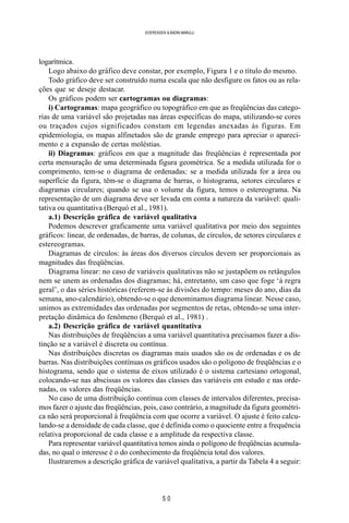 5 0
SOERENSEN & BADINI MARULLI
logarítmica.
Logo abaixo do gráfico deve constar, por exemplo, Figura 1 e o título do mesmo.
Todo gráfico deve ser construído numa escala que não desfigure os fatos ou as rela-
ções que se deseje destacar.
Os gráficos podem ser cartogramas ou diagramas:
i) Cartogramas: mapa geográfico ou topográfico em que as freqüências das catego-
rias de uma variável são projetadas nas áreas específicas do mapa, utilizando-se cores
ou traçados cujos significados constam em legendas anexadas às figuras. Em
epidemiologia, os mapas alfinetados são de grande emprego para apreciar o apareci-
mento e a expansão de certas moléstias.
ii) Diagramas: gráficos em que a magnitude das freqüências é representada por
certa mensuração de uma determinada figura geométrica. Se a medida utilizada for o
comprimento, tem-se o diagrama de ordenadas; se a medida utilizada for a área ou
superfície da figura, têm-se o diagrama de barras, o histograma, setores circulares e
diagramas circulares; quando se usa o volume da figura, temos o estereograma. Na
representação de um diagrama deve ser levada em conta a natureza da variável: quali-
tativa ou quantitativa (Berquó et al., 1981).
a.1) Descrição gráfica de variável qualitativa
Podemos descrever graficamente uma variável qualitativa por meio dos seguintes
gráficos: linear, de ordenadas, de barras, de colunas, de círculos, de setores circulares e
estereogramas.
Diagramas de círculos: às áreas dos diversos círculos devem ser proporcionais as
magnitudes das freqüências.
Diagrama linear: no caso de variáveis qualitativas não se justapõem os retângulos
nem se unem as ordenadas dos diagramas; há, entretanto, um caso que foge ‘à regra
geral’, o das séries históricas (referem-se às divisões do tempo: meses do ano, dias da
semana, ano-calendário), obtendo-se o que denominamos diagrama linear. Nesse caso,
unimos as extremidades das ordenadas por segmentos de retas, obtendo-se uma inter-
pretação dinâmica do fenômeno (Berquó et al., 1981) .
a.2) Descrição gráfica de variável quantitativa
Nas distribuições de freqüências a uma variável quantitativa precisamos fazer a dis-
tinção se a variável é discreta ou contínua.
Nas distribuições discretas os diagramas mais usados são os de ordenadas e os de
barras. Nas distribuições contínuas os gráficos usados são o polígono de freqüências e o
histograma, sendo que o sistema de eixos utilizado é o sistema cartesiano ortogonal,
colocando-se nas abscissas os valores das classes das variáveis em estudo e nas orde-
nadas, os valores das freqüências.
No caso de uma distribuição contínua com classes de intervalos diferentes, precisa-
mos fazer o ajuste das freqüências, pois, caso contrário, a magnitude da figura geométri-
ca não será proporcional à freqüência com que ocorre a variável. O ajuste é feito calcu-
lando-se a densidade de cada classe, que é definida como o quociente entre a frequência
relativa proporcional de cada classe e a amplitude da respectiva classe.
Para representar variável quantitativa temos ainda o polígono de freqüências acumula-
das, no qual o interesse é o do conhecimento da freqüência total dos valores.
Ilustraremos a descrição gráfica de variável qualitativa, a partir da Tabela 4 a seguir:
 