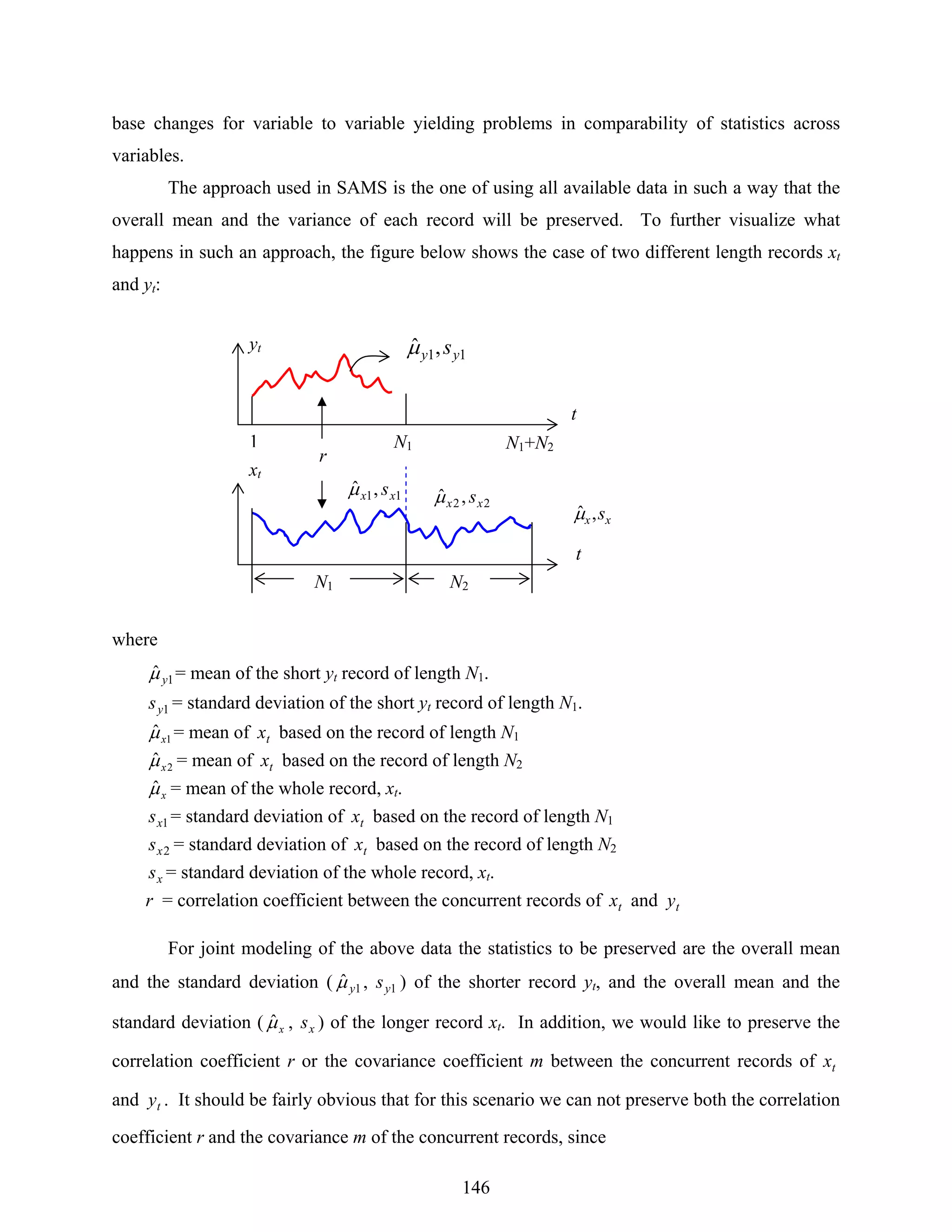 146
base changes for variable to variable yielding problems in comparability of statistics across
variables.
The approach used in SAMS is the one of using all available data in such a way that the
overall mean and the variance of each record will be preserved. To further visualize what
happens in such an approach, the figure below shows the case of two different length records xt
and yt:
where
1ˆ yμ = mean of the short yt record of length N1.
1ys = standard deviation of the short yt record of length N1.
1
ˆxμ = mean of tx based on the record of length N1
2
ˆxμ = mean of tx based on the record of length N2
xμˆ = mean of the whole record, xt.
1xs = standard deviation of tx based on the record of length N1
2xs = standard deviation of tx based on the record of length N2
xs = standard deviation of the whole record, xt.
r = correlation coefficient between the concurrent records of tx and ty
For joint modeling of the above data the statistics to be preserved are the overall mean
and the standard deviation ( 1ˆ yμ , 1ys ) of the shorter record yt, and the overall mean and the
standard deviation ( xμˆ , xs ) of the longer record xt. In addition, we would like to preserve the
correlation coefficient r or the covariance coefficient m between the concurrent records of tx
and ty . It should be fairly obvious that for this scenario we can not preserve both the correlation
coefficient r and the covariance m of the concurrent records, since
yt
xt
t
t
N1 N2
1 N1 N1+N2
11,ˆ yy sμ
r
22 ,ˆ xx sμ11,ˆ xx sμ
xx s,ˆμ
 