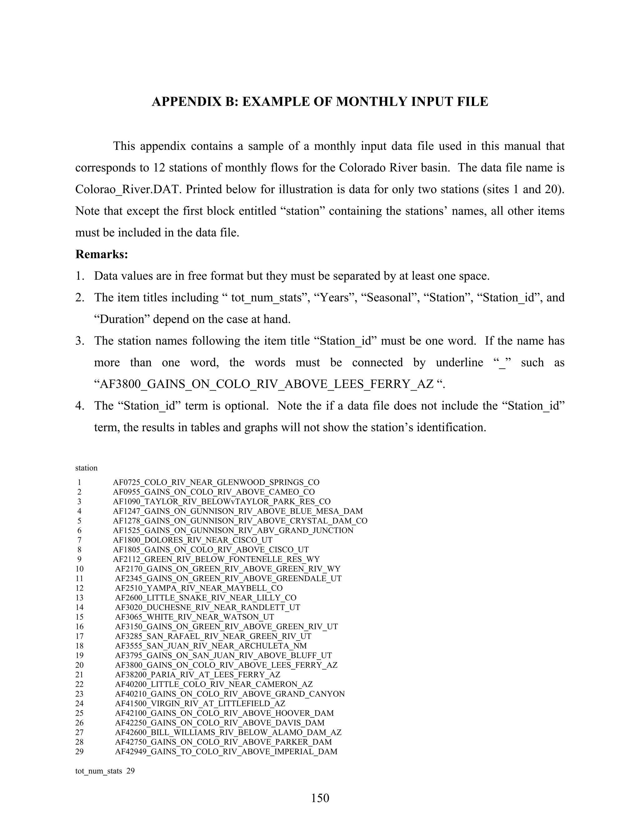150
APPENDIX B: EXAMPLE OF MONTHLY INPUT FILE
This appendix contains a sample of a monthly input data file used in this manual that
corresponds to 12 stations of monthly flows for the Colorado River basin. The data file name is
Colorao_River.DAT. Printed below for illustration is data for only two stations (sites 1 and 20).
Note that except the first block entitled “station” containing the stations’ names, all other items
must be included in the data file.
Remarks:
1. Data values are in free format but they must be separated by at least one space.
2. The item titles including “ tot_num_stats”, “Years”, “Seasonal”, “Station”, “Station_id”, and
“Duration” depend on the case at hand.
3. The station names following the item title “Station_id” must be one word. If the name has
more than one word, the words must be connected by underline “_” such as
“AF3800_GAINS_ON_COLO_RIV_ABOVE_LEES_FERRY_AZ “.
4. The “Station_id” term is optional. Note the if a data file does not include the “Station_id”
term, the results in tables and graphs will not show the station’s identification.
station
1 AF0725_COLO_RIV_NEAR_GLENWOOD_SPRINGS_CO
2 AF0955_GAINS_ON_COLO_RIV_ABOVE_CAMEO_CO
3 AF1090_TAYLOR_RIV_BELOWvTAYLOR_PARK_RES_CO
4 AF1247_GAINS_ON_GUNNISON_RIV_ABOVE_BLUE_MESA_DAM
5 AF1278_GAINS_ON_GUNNISON_RIV_ABOVE_CRYSTAL_DAM_CO
6 AF1525_GAINS_ON_GUNNISON_RIV_ABV_GRAND_JUNCTION
7 AF1800_DOLORES_RIV_NEAR_CISCO_UT
8 AF1805_GAINS_ON_COLO_RIV_ABOVE_CISCO_UT
9 AF2112_GREEN_RIV_BELOW_FONTENELLE_RES_WY
10 AF2170_GAINS_ON_GREEN_RIV_ABOVE_GREEN_RIV_WY
11 AF2345_GAINS_ON_GREEN_RIV_ABOVE_GREENDALE_UT
12 AF2510_YAMPA_RIV_NEAR_MAYBELL_CO
13 AF2600_LITTLE_SNAKE_RIV_NEAR_LILLY_CO
14 AF3020_DUCHESNE_RIV_NEAR_RANDLETT_UT
15 AF3065_WHITE_RIV_NEAR_WATSON_UT
16 AF3150_GAINS_ON_GREEN_RIV_ABOVE_GREEN_RIV_UT
17 AF3285_SAN_RAFAEL_RIV_NEAR_GREEN_RIV_UT
18 AF3555_SAN_JUAN_RIV_NEAR_ARCHULETA_NM
19 AF3795_GAINS_ON_SAN_JUAN_RIV_ABOVE_BLUFF_UT
20 AF3800_GAINS_ON_COLO_RIV_ABOVE_LEES_FERRY_AZ
21 AF38200_PARIA_RIV_AT_LEES_FERRY_AZ
22 AF40200_LITTLE_COLO_RIV_NEAR_CAMERON_AZ
23 AF40210_GAINS_ON_COLO_RIV_ABOVE_GRAND_CANYON
24 AF41500_VIRGIN_RIV_AT_LITTLEFIELD_AZ
25 AF42100_GAINS_ON_COLO_RIV_ABOVE_HOOVER_DAM
26 AF42250_GAINS_ON_COLO_RIV_ABOVE_DAVIS_DAM
27 AF42600_BILL_WILLIAMS_RIV_BELOW_ALAMO_DAM_AZ
28 AF42750_GAINS_ON_COLO_RIV_ABOVE_PARKER_DAM
29 AF42949_GAINS_TO_COLO_RIV_ABOVE_IMPERIAL_DAM
tot_num_stats 29
 