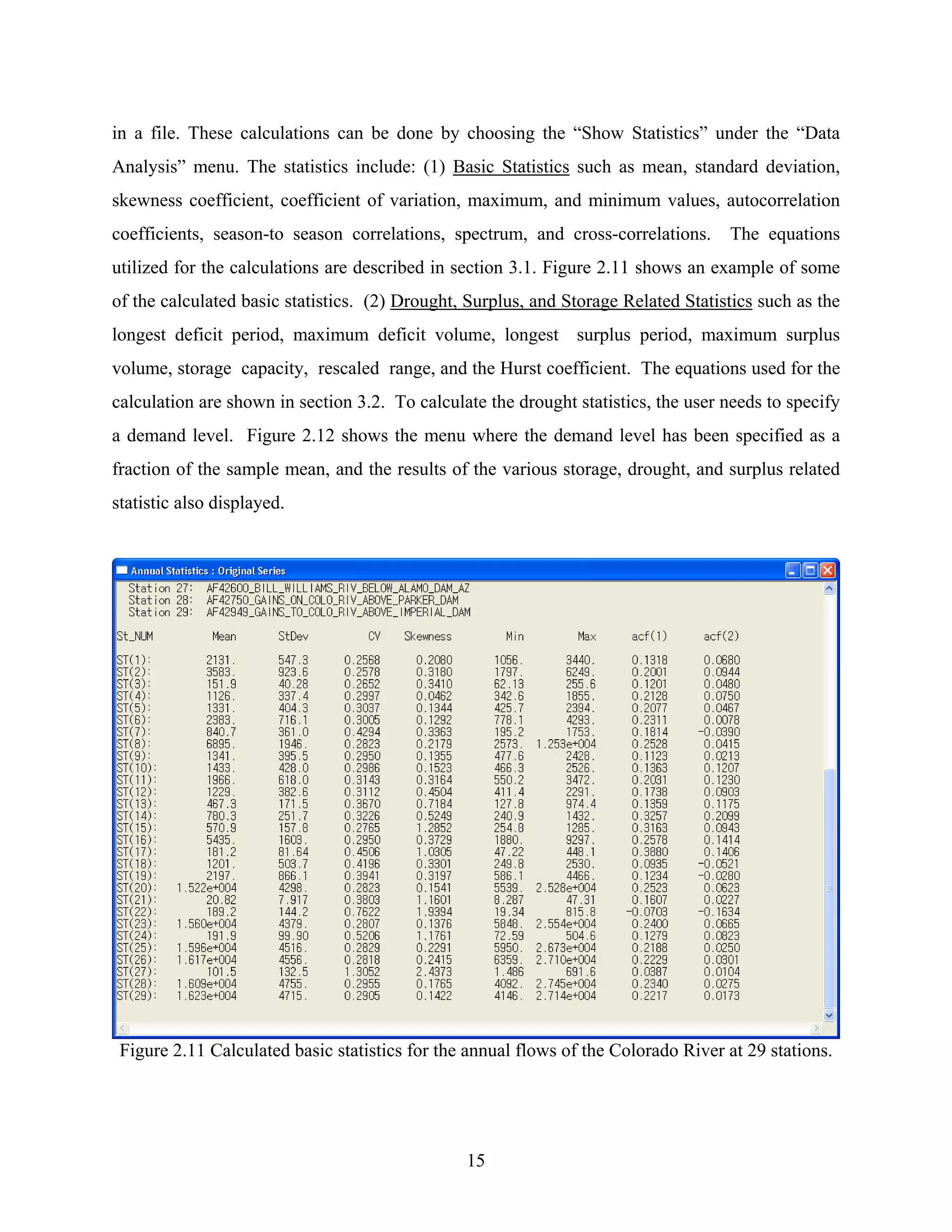 15
in a file. These calculations can be done by choosing the “Show Statistics” under the “Data
Analysis” menu. The statistics include: (1) Basic Statistics such as mean, standard deviation,
skewness coefficient, coefficient of variation, maximum, and minimum values, autocorrelation
coefficients, season-to season correlations, spectrum, and cross-correlations. The equations
utilized for the calculations are described in section 3.1. Figure 2.11 shows an example of some
of the calculated basic statistics. (2) Drought, Surplus, and Storage Related Statistics such as the
longest deficit period, maximum deficit volume, longest surplus period, maximum surplus
volume, storage capacity, rescaled range, and the Hurst coefficient. The equations used for the
calculation are shown in section 3.2. To calculate the drought statistics, the user needs to specify
a demand level. Figure 2.12 shows the menu where the demand level has been specified as a
fraction of the sample mean, and the results of the various storage, drought, and surplus related
statistic also displayed.
Figure 2.11 Calculated basic statistics for the annual flows of the Colorado River at 29 stations.
 