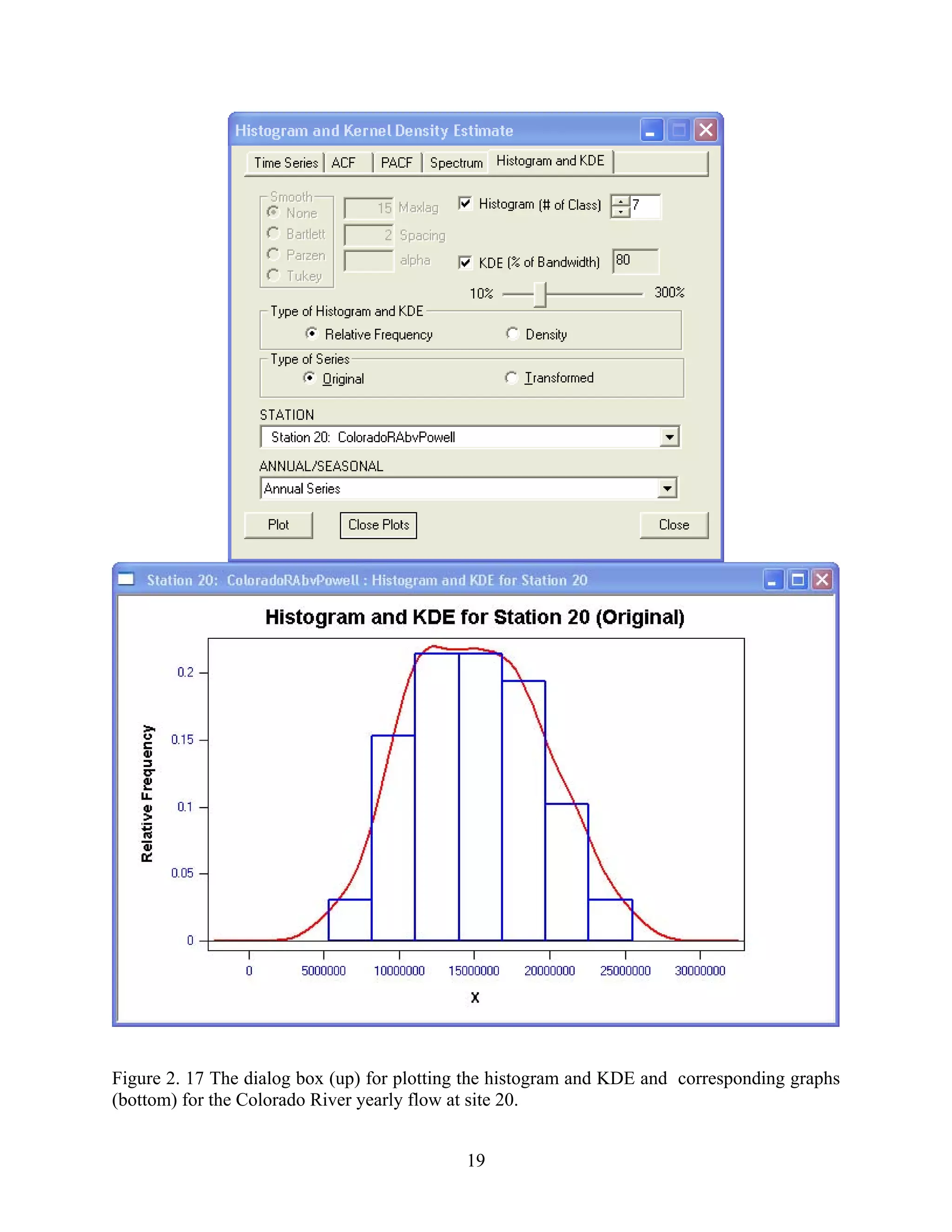 19
Figure 2. 17 The dialog box (up) for plotting the histogram and KDE and corresponding graphs
(bottom) for the Colorado River yearly flow at site 20.
 