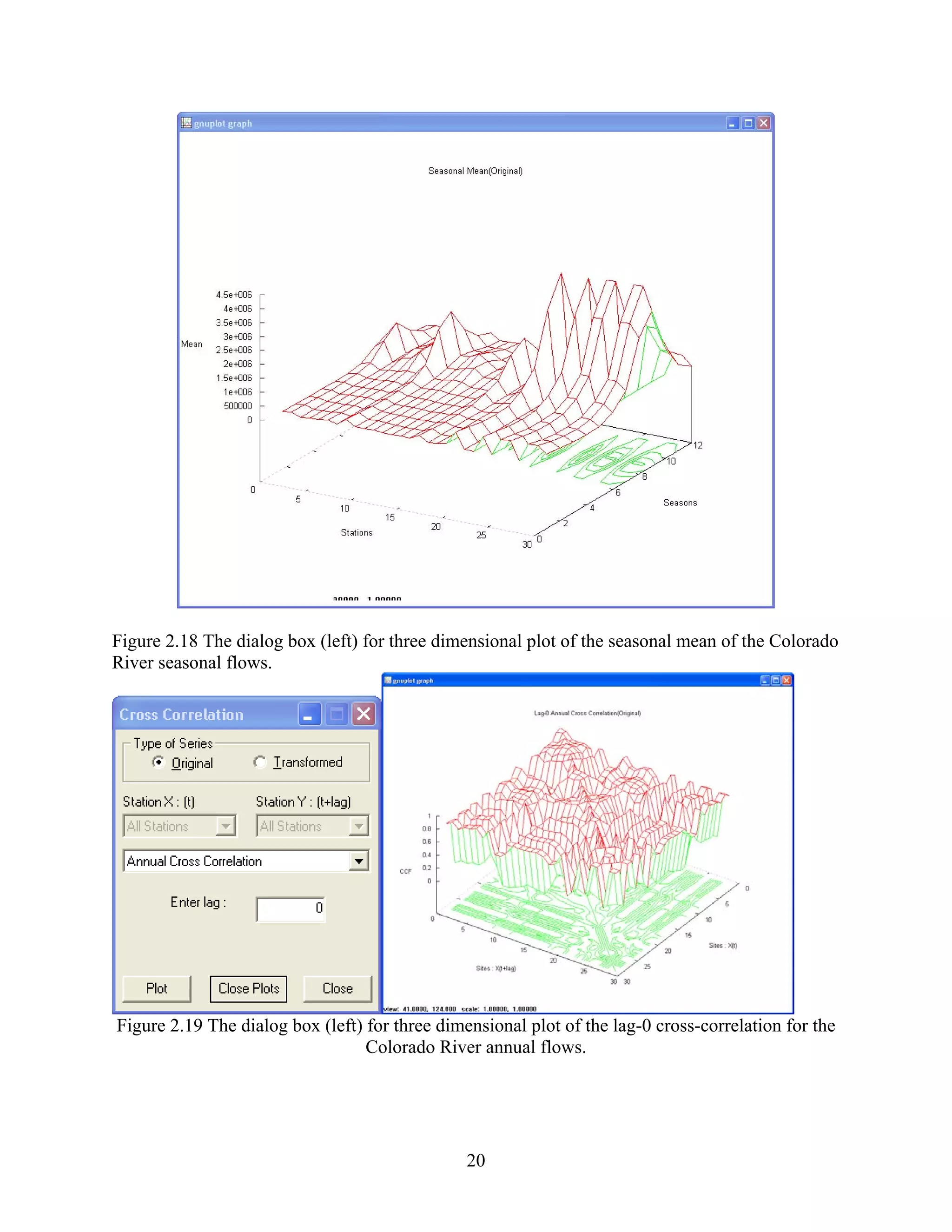 20
Figure 2.18 The dialog box (left) for three dimensional plot of the seasonal mean of the Colorado
River seasonal flows.
Figure 2.19 The dialog box (left) for three dimensional plot of the lag-0 cross-correlation for the
Colorado River annual flows.
 
