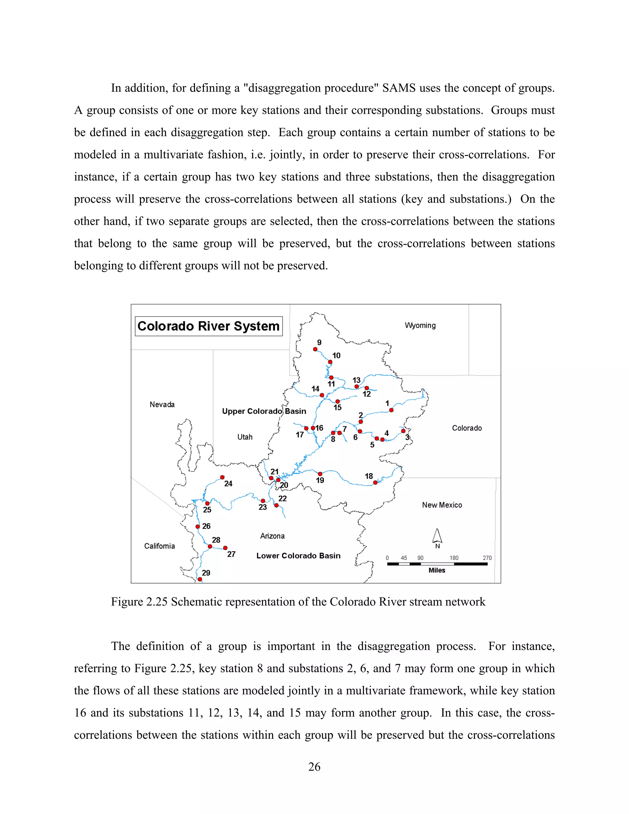 26
In addition, for defining a "disaggregation procedure" SAMS uses the concept of groups.
A group consists of one or more key stations and their corresponding substations. Groups must
be defined in each disaggregation step. Each group contains a certain number of stations to be
modeled in a multivariate fashion, i.e. jointly, in order to preserve their cross-correlations. For
instance, if a certain group has two key stations and three substations, then the disaggregation
process will preserve the cross-correlations between all stations (key and substations.) On the
other hand, if two separate groups are selected, then the cross-correlations between the stations
that belong to the same group will be preserved, but the cross-correlations between stations
belonging to different groups will not be preserved.
Figure 2.25 Schematic representation of the Colorado River stream network
The definition of a group is important in the disaggregation process. For instance,
referring to Figure 2.25, key station 8 and substations 2, 6, and 7 may form one group in which
the flows of all these stations are modeled jointly in a multivariate framework, while key station
16 and its substations 11, 12, 13, 14, and 15 may form another group. In this case, the cross-
correlations between the stations within each group will be preserved but the cross-correlations
 