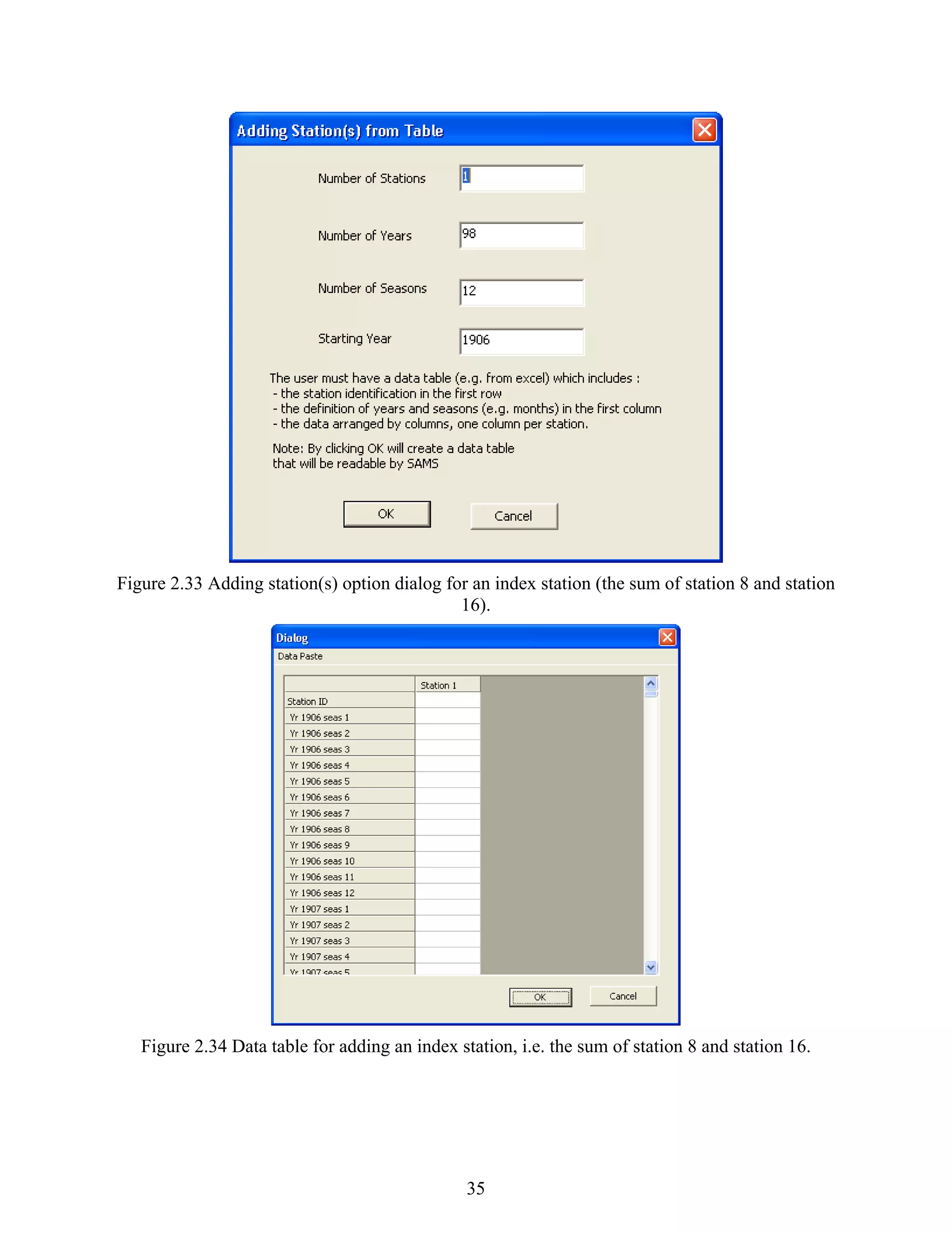 35
Figure 2.33 Adding station(s) option dialog for an index station (the sum of station 8 and station
16).
Figure 2.34 Data table for adding an index station, i.e. the sum of station 8 and station 16.
 