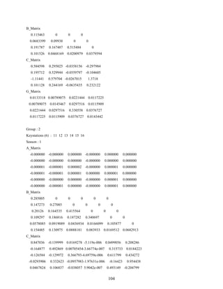 104
B_Matrix
0.115463 0 0 0
0.0683399 0.09938 0 0
0.191787 0.167487 0.515484 0
0.101526 0.0468169 0.0200979 0.0379594
C_Matrix
0.584598 0.295025 -0.0358156 -0.297984
0.195712 0.529944 -0.0559797 -0.104605
-1.11441 0.579704 -0.0267015 1.3718
0.101128 0.244169 -0.0635435 0.232122
G_Matrix
0.0133318 0.00789075 0.0221444 0.0117225
0.00789075 0.0145467 0.0297516 0.0115909
0.0221444 0.0297516 0.330558 0.0376727
0.0117225 0.0115909 0.0376727 0.0143442
Group : 2
Keystations (6) : 11 12 13 14 15 16
Season : 1
A_Matrix
-0.000000 -0.000000 0.000000 -0.000000 0.000000 0.000000
-0.000000 -0.000000 0.000000 -0.000000 0.000000 0.000000
-0.000001 -0.000001 0.000002 -0.000000 0.000001 0.000000
-0.000001 -0.000001 0.000001 0.000000 0.000001 0.000000
-0.000000 -0.000000 0.000000 -0.000000 0.000001 0.000000
-0.000000 -0.000001 0.000000 -0.000000 0.000001 0.000000
B_Matrix
0.285005 0 0 0 0 0
0.147273 0.27085 0 0 0 0
0.20126 0.164535 0.415564 0 0 0
0.109297 0.186816 0.187282 0.340697 0 0
0.0578085 0.0919089 0.0436934 0.0166099 0.105877 0
0.154485 0.130975 0.0888181 0.083933 0.0169512 0.0682913
C_Matrix
0.847036 -0.139999 0.0169278 -5.119e-006 0.0499056 0.208286
-0.164877 0.492869 0.00705454-3.66774e-007 0.315733 0.0184223
-0.126584 -0.129972 0.366793-4.69759e-006 0.611799 0.434272
-0.0293906 0.332623 -0.0957983-1.97631e-006 -0.16423 0.954438
0.0467824 0.106837 -0.038057 5.9042e-007 0.493149 -0.204799
 
