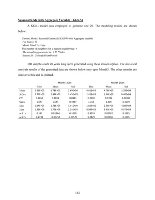 112
Seasonal KGK with Aggregate Variable (KGKA)
A KGKI model was employed to generate site 20. The modeling results are shown
below:
Current_Model: Seasonal GammaKDE KNN with Aggregate variable
For Site(s): 20
Model Fitted To: Data
The number of neighbors for k nearest neighboring : 4
The smoothing parameter is : 0.25 *Stdev
Station 20: ColoradoRAbvPowell
100 samples each 98 years long were generated using these chosen option. The statistical
analysis results of the generated data are shown below only upto Month3. The other months are
similar to this and is omitted.
  Month 1 Gen  Month 2Gen 
Hist Mean Std Hist Mean Std
Mean 5.81E+05  5.78E+05  2.69E+04  4.81E+05  4.78E+05  1.39E+04 
StDev 2.71E+05  2.84E+05  1.45E+05  1.41E+05  1.34E+05  6.40E+04 
CV 0.4659  0.4859  0.0381  0.2928  0.2786  0.01895 
Skew 1.641  1.644  0.4487  1.215  1.209  0.3179 
Min 1.94E+05  1.71E+05  3.91E+04  1.81E+05  2.36E+05  4.08E+04 
Max 1.81E+06  1.72E+06  2.25E+05  9.99E+05  9.63E+05  8.07E+04 
acf(1) 0.162  0.01964  0.1009  0.3074  0.05282  0.1025 
acf(2) 0.2198  ‐0.00251  0.09577  0.2829  0.01056  0.1005 
 