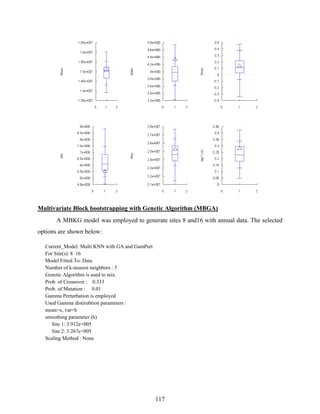117
Multivariate Block bootstrapping with Genetic Algorithm (MBGA)
A MBKG model was employed to generate sites 8 and16 with annual data. The selected
options are shown below:
Current_Model: Multi KNN with GA and GamPert
For Site(s): 8 16
Model Fitted To: Data
Number of k-nearest neighbors : 5
Genetic Algorithm is used to mix.
Prob. of Crossover : 0.333
Prob. of Mutation : 0.01
Gamma Perturbation is employed
Used Gamma distirubtion parameters :
mean=x, var=h
smoothing parameter (h)
Site 1: 3.912e+005
Site 2: 3.267e+005
Scaling Method : None
 