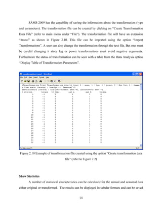 14
SAMS-2009 has the capability of saving the information about the transformation (type
and parameters). The transformation file can be created by clicking on “Create Transformation
Data File” (refer to main menu under “File”). The transformation file will have an extension
“.transf” as shown in Figure 2.10. This file can be imported using the option “Import
Transformations”. A user can also change the transformation through the text file. But one must
be careful changing it since log or power transformations must avoid negative arguments.
Furthermore the status of transformation can be seen with a table from the Data Analysis option
“Display Table of Transformation Parameters”.
Figure 2.10 Example of transformation file created using the option “Create transformation data
file” (refer to Figure 2.2)
Show Statistics
A number of statistical characteristics can be calculated for the annual and seasonal data
either original or transformed. The results can be displayed in tabular formats and can be saved
 