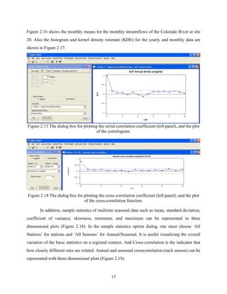 17
Figure 2.16 shows the monthly means for the monthly streamflows of the Colorado River at site
20. Also the histogram and kernel density estimate (KDE) for the yearly and monthly data are
shown in Figure 2.17.
Figure 2.13 The dialog box for plotting the serial correlation coefficient (left panel), and the plot
of the correlogram.
Figure 2.14 The dialog box for plotting the cross correlation coefficient (left panel), and the plot
of the cross-correlation function.
In addition, sample statistics of multisite seasonal data such as mean, standard deviation,
coefficient of variance, skewness, minimum, and maximum can be represented in three
dimensional plots (Figure 2.18). In the sample statistics option dialog, one must choose ‘All
Stations’ for stations and ‘All Seasons’ for Annual/Seasonal. It is useful visualizing the overall
variation of the basic statistics on a regional context. And Cross-correlation is the indicator that
how closely different sites are related. Annual and seasonal crosscorrelation (each season) can be
represented with three-dimensional plots (Figure 2.19).
 