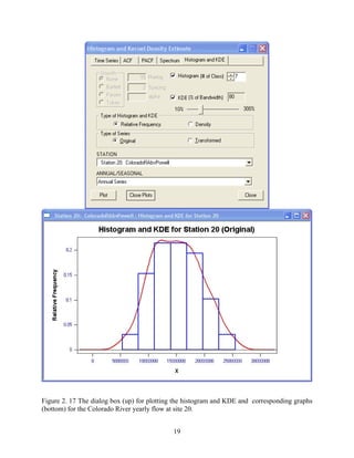 19
Figure 2. 17 The dialog box (up) for plotting the histogram and KDE and corresponding graphs
(bottom) for the Colorado River yearly flow at site 20.
 