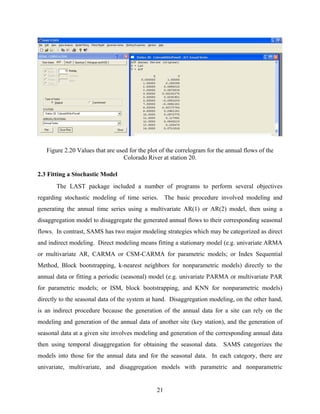 21
Figure 2.20 Values that are used for the plot of the correlogram for the annual flows of the
Colorado River at station 20.
2.3 Fitting a Stochastic Model
The LAST package included a number of programs to perform several objectives
regarding stochastic modeling of time series. The basic procedure involved modeling and
generating the annual time series using a multivariate AR(1) or AR(2) model, then using a
disaggregation model to disaggregate the generated annual flows to their corresponding seasonal
flows. In contrast, SAMS has two major modeling strategies which may be categorized as direct
and indirect modeling. Direct modeling means fitting a stationary model (e.g. univariate ARMA
or multivariate AR, CARMA or CSM-CARMA for parametric models; or Index Sequential
Method, Block bootstrapping, k-nearest neighbors for nonparametric models) directly to the
annual data or fitting a periodic (seasonal) model (e.g. univariate PARMA or multivariate PAR
for parametric models; or ISM, block bootstrapping, and KNN for nonparametric models)
directly to the seasonal data of the system at hand. Disaggregation modeling, on the other hand,
is an indirect procedure because the generation of the annual data for a site can rely on the
modeling and generation of the annual data of another site (key station), and the generation of
seasonal data at a given site involves modeling and generation of the corresponding annual data
then using temporal disaggregation for obtaining the seasonal data. SAMS categorizes the
models into those for the annual data and for the seasonal data. In each category, there are
univariate, multivariate, and disaggregation models with parametric and nonparametric
 