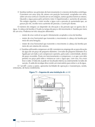 • bombas turbina: seu princípio de funcionamento é o mesmo da bomba centrífuga. 
Consistem em uma série de rotores em posição horizontal, acoplados em série, 
sobre um eixo vertical. Classificam-se em estágios, tantos quantos forem os rotores. 
Quando a água passa pelo primeiro rotor é impulsionada e aumenta de pressão. 
No estágio seguinte, o rotor recebe a água com a pressão já aumentada que, ao 
passar por ele, recebe novo aumento de pressão, e assim por diante. 
O número de estágios vai depender da elevação e da pressão que se queira dar à 
água. A cabeça da bomba é fixada na tampa do poço e dá movimento à bomba por meio 
de um eixo. Podemos ter três situações diferentes: 
- motor de eixo vertical ao qual é diretamente acoplado o eixo da bomba; 
- motor de eixo horizontal que transmite o movimento à cabeça da bomba por 
meio de uma bengala; 
- motor de eixo horizontal que transmite o movimento à cabeça da bomba por 
meio de um sistema de correias. 
c) bombas utilizando compressor air-lift: consistem no emprego do ar para elevação 
da água de um poço de pequeno diâmetro. Um tubo de pequeno diâmetro fica 
ligado por um lado a um compressor e penetra, pela outra extremidade, dentro 
do poço revestido. Posto em funcionamento o compressor, o ar que vem dele 
penetra no poço pelo tubo e mistura-se com a água que, com isso, fica mais 
leve e sobe. O tubo de ar pode ser localizado interna ou externamente no tubo de 
sucção. À saída do recalque deve existir um reservatório para retirar o ar da água. 
O “air-lift”, como o ejetor, apresenta facilidade de operação e manutenção, sendo, 
entretanto, de baixo rendimento. 
Figura 71 – Esquema de uma instalação de air-lift 
Fonte: Carvalho, 1977. 
142 Fundação Nacional de Saúde 
 