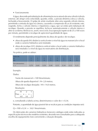 • Funcionamento 
A água, descendo pela tubulação de alimentação escoa através de uma válvula (válvula 
externa), até atingir certa velocidade, quando, então, a pressão dinâmica eleva a válvula, 
fechando-a bruscamente. O golpe de aríete resultante abre uma segunda válvula interna, 
permitindo a entrada da água na câmara, causando a compressão do ar ali existente; este, 
reagindo, fecha a válvula interna e impulsiona a água, que sai então pela tubulação de 
recalque. Quando a pressão se equilibra, fecha-se automaticamente a válvula interna e 
abre-se a externa. Reinicia-se, assim, novo ciclo. Essa operação repete-se de 25 a 100 vezes 
por minuto, permitindo o recalque de apreciável quantidade de água. 
O rendimento depende principalmente da altura de queda e de recalque. 
• altura da queda (H): distância vertical entre o nível da água no manancial e o local 
onde o carneiro hidráulico será instalado; 
• altura de recalque (H1): distância vertical entre o local onde o carneiro hidráulico 
será instalado e o nível da água no reservatório de distribuição. 
Na prática, pode-se adotar: 
Manual de Saneamento – pag. 145 
Valor de: 
H 
H1 
1 
2 
1 
3 
1 
4 
1 
5 
1 
6 
1 
7 
1 
8 
1 
9 
Encontraremos: 
r = 0,70 0,60 0,50 0,40 0,35 0,34 0,32 0,31 
Exemplo: 
Dados: 
Vazão do manancial = 100 litros/minuto; 
Altura de queda disponível : H= 2,0 metros; 
Altura de recalque desejada: H1= 14,0 metros. 
Resolução: 
H 2 1 
Para – = – = – 
H1 14 7 
e, consultando a tabela acima, determinamos o valor de r = 0,34. 
Portanto, a quantidade de água possível de se recalcar para as condições impostas será: 
Q = 100 x 0,34 = 34,0 litros/minuto. 
Os fabricantes de carneiros hidráulicos fornecem catálogos onde estão indicadas as 
especificações técnicas dos modelos existentes, devendo sere consultados para a adequada 
escolha do equipamento mais conveniente a situação desejada. 
 