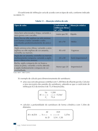 O coeficiente de infiltração varia de acordo com os tipos de solo, conforme indicado 
na tabela 11: 
Tabela 11 – Absorção relativa do solo 
Tipos de solos Coeficiente de 
168 Fundação Nacional de Saúde 
infiltração litros/ 
m2 x Dia 
Absorção relativa 
Areia bem selecionada e limpa, variando a 
areia grossa com cascalho. 
maior que 90 Rápida 
Areia fina ou silte argiloso ou solo arenoso 
com humos e turfas variando a solos 
constituídos predominantemente de areia e 
silte. 
60 a 90 Média 
Argila arenosa e/ou siltosa, variando a areia 
argilosa ou silte argiloso de cor amarela, 
vermelha ou marrom. 
40 a 60 Vagarosa 
Argila de cor amarela, vermelha ou marrom 
medianamente compacta, variando a argila 
pouco siltosa e/ou arenosa. 
20 a 40 Semi-impermeável 
Rocha, argila compacta de cor branca, 
cinza ou preta, variando a rocha alterada 
e argila medianamente compacta de cor 
avermelhada. 
Menor que 20 Impermeável 
Fonte: ABNT - NBR-7229/93. 
b) exemplo de cálculo para dimensionamento de sumidouro: 
• uma casa com oito pessoas contribui com 1.200 litros de efluente por dia. Calcular 
a área necessária das paredes do sumidouro, sabendo-se que o coeficiente de 
infiltração (Ci) do terreno é de 75,4 litros/m2/dia. 
Ve 1.200 
Af = –– = ––– = 15,9m2 
Ci 75,4 
• calcular a profundidade do sumidouro de forma cilíndrica com 1,50m de 
diâmetro. 
Αf 15,9 
Af = π.D.h . . h = –– = ––––– = 3,37m 
π. D 3,14 . 1,50 
 