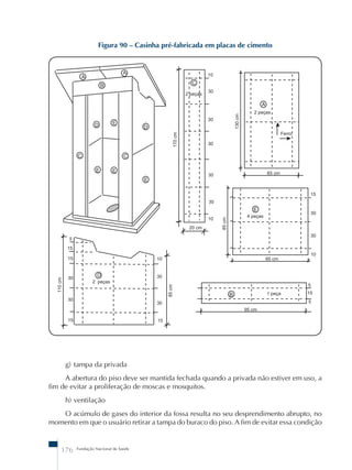 Figura 90 – Casinha pré-fabricada em placas de cimento 
g) tampa da privada 
A abertura do piso deve ser mantida fechada quando a privada não estiver em uso, a 
fim de evitar a proliferação de moscas e mosquitos. 
h) ventilação 
O acúmulo de gases do interior da fossa resulta no seu desprendimento abrupto, no 
momento em que o usuário retirar a tampa do buraco do piso. A fim de evitar essa condição 
176 Fundação Nacional de Saúde 
 