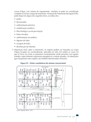 cursos d’água. Um sistema de esgotamento sanitário só pode ser considerado 
completo se incluir a etapa de tratamento. A Estação de Tratamento de Esgoto (ETE), 
pode dispor de alguns dos seguintes itens, ou todos eles: 
• grade; 
• desarenador; 
• sedimentação primária; 
• estabilização aeróbica; 
• filtro biológico ou de percolação; 
• lodos ativados; 
• sedimentação secundária; 
• digestor de lodo; 
• secagem de lodo; 
• desinfecção do efluente. 
i) disposição final: após o tratamento, os esgotos podem ser lançados ao corpo 
d’água receptor ou, eventualmente, aplicados no solo. Em ambos os casos, há 
que se levar em conta os poluentes eventualmente ainda presentes nos esgotos 
tratados, especialmente organismos patogênicos e metais pesados. As tubulações 
que transportam estes esgotos são também denominadas emissário. 
Figura 95 – Partes constitutivas do sistema convencional 
Manual de Saneamento – pag. 187 
Fonte: Adaptado Barros, 1995. 
 