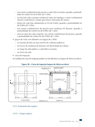 - nos ramais condominiais de passeio a cada 50m ou fração, quando a profundi-dade 
Figura 98 – Caixa de inspeção largura de 40cm ou 60cm 
Manual de Saneamento – pag. 193 
do coletor for de 0,90m até 1,20m; 
- no final de cada conjunto residencial antes de interligar o ramal condominial 
interno à rede básica, sempre que houver interseção de ramais; 
- dentro de cada lote substituindo as CIs de 0,40m, quando a profundidade for 
de 0,90m até 1,20m; 
- nos ramais condominiais de passeio para mudança de direção, quando a 
profundidade do coletor for de 0,90m até 1,20m; 
- uma no meio de cada conjunto, nos ramais condominiais de passeio, quando 
a profundidade do coletor for de 0,90m até 1,20m. 
• poços de visita com diâmetro ou largura de 1,00m: 
- na reunião de dois ou mais trechos de coletores públicos; 
- em locais de mudança de direção e de declividade do coletor; 
- ao longo da rede pública a cada 80m ou fração; 
- no início da rede. 
• caixa de inspeção 
As medidas da caixa de inspeção podem ser de diâmetro ou largura de 40cm ou 60cm. 
3.9.5. Tratamento dos esgotos 
3.9.5.1. Tanque séptico 
 