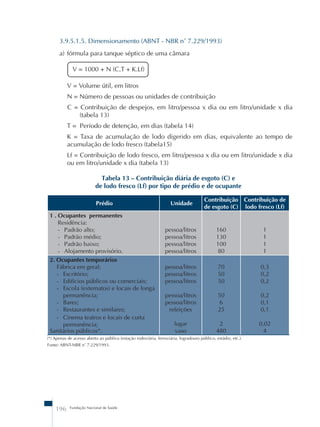 3.9.5.1.5. Dimensionamento (ABNT - NBR n˚ 7.229/1993) 
a) fórmula para tanque séptico de uma câmara 
V = 1000 + N (C.T + K.Lf) 
V = Volume útil, em litros 
N = Número de pessoas ou unidades de contribuição 
C = Contribuição de despejos, em litro/pessoa x dia ou em litro/unidade x dia 
(tabela 13) 
T = Período de detenção, em dias (tabela 14) 
K = Taxa de acumulação de lodo digerido em dias, equivalente ao tempo de 
acumulação de lodo fresco (tabela15) 
Lf = Contribuição de lodo fresco, em litro/pessoa x dia ou em litro/unidade x dia 
ou em litro/unidade x dia (tabela 13) 
Tabela 13 – Contribuição diária de esgoto (C) e 
de lodo fresco (Lf) por tipo de prédio e de ocupante 
Prédio Unidade Contribuição 
196 Fundação Nacional de Saúde 
de esgoto (C) 
Contribuição de 
lodo fresco (Lf) 
1 . Ocupantes permanentes 
Residência: 
- Padrão alto; 
- Padrão médio; 
- Padrão baixo; 
- Alojamento provisório. 
pessoa/litros 
pessoa/litros 
pessoa/litros 
pessoa/litros 
160 
130 
100 
80 
1 
1 
1 
1 
2. Ocupantes temporários 
Fábrica em geral; 
- Escritório; 
- Edifícios públicos ou comerciais; 
- Escola (externatos) e locais de longa 
permanência; 
- Bares; 
- Restaurantes e similares; 
- Cinema teatros e locais de curta 
permanência; 
Sanitários públicos*. 
pessoa/litros 
pessoa/litros 
pessoa/litros 
pessoa/litros 
pessoa/litros 
refeições 
lugar 
vaso 
70 
50 
50 
50 
6 
25 
2 
480 
0,3 
0,2 
0,2 
0,2 
0,1 
0,1 
0,02 
4 
(*) Apenas de acesso aberto ao público (estação rodoviária, ferroviária, logradouro público, estádio, etc.). 
Fonte: ABNT-NBR n˚ 7.229/1993. 
 