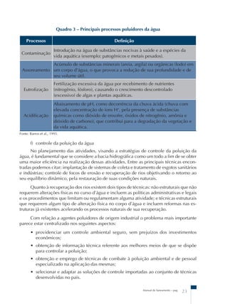 Quadro 3 – Principais processos poluidores da água 
Manual de Saneamento – pag. 23 
Processos Definição 
Contaminação 
Introdução na água de substâncias nocivas à saúde e a espécies da 
vida aquática (exemplo: patogênicos e metais pesados). 
Assoreamento 
Acúmulo de substâncias minerais (areia, argila) ou orgânicas (lodo) em 
um corpo d’água, o que provoca a redução de sua profundidade e de 
seu volume útil. 
Eutrofização 
Fertilização excessiva da água por recebimento de nutrientes 
(nitrogênio, fósforo), causando o crescimento descontrolado 
(excessivo) de algas e plantas aquáticas. 
Acidificação 
Abaixamento de pH, como decorrência da chuva ácida (chuva com 
elevada concentração de íons H+, pela presença de substâncias 
químicas como dióxido de enxofre, óxidos de nitrogênio, amônia e 
dióxido de carbono), que contribui para a degradação da vegetação e 
da vida aquática. 
Fonte: Barros et al., 1995. 
f) controle da poluição da água 
No planejamento das atividades, visando a estratégias de controle da poluição da 
água, é fundamental que se considere a bacia hidrográfica como um todo a fim de se obter 
uma maior eficiência na realização dessas atividades. Entre as principais técnicas encon-tradas 
podemos citar: implantação de sistemas de coleta e tratamento de esgotos sanitários 
e indústrias; controle de focos de erosão e recuperação de rios objetivando o retorno ao 
seu equilíbrio dinâmico, pela restauração de suas condições naturais. 
Quanto à recuperação dos rios existem dois tipos de técnicas: não estruturais que não 
requerem alterações físicas no curso d’água e incluem as políticas administrativas e legais 
e os procedimentos que limitam ou regulamentam alguma atividade; e técnicas estruturais 
que requerem algum tipo de alteração física no corpo d’água e incluem reformas nas es-truturas 
já existentes acelerando os processos naturais de sua recuperação. 
Com relação a agentes poluidores de origem industrial o problema mais importante 
parece estar centralizado nos seguintes aspectos: 
• providenciar um controle ambiental seguro, sem prejuízos dos investimentos 
econômicos; 
• obtenção de informação técnica referente aos melhores meios de que se dispõe 
para controlar a poluição; 
• obtenção e emprego de técnicas de combate à poluição ambiental e de pessoal 
especializado na aplicação das mesmas; 
• selecionar e adaptar as soluções de controle importadas ao conjunto de técnicas 
desenvolvidas no país. 
 