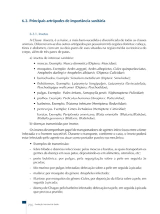 6.2. Principais artrópodes de importância sanitária 
6.2.1. Insetos 
A Classe Insecta, é a maior, a mais bem-sucedida e diversificada de todas as classes 
animais. Diferenciam-se dos outros artrópedos por possuírem três regiões distintas: cabeça, 
tórax e abdomen, com um ou dois pares de asas situadas na região média ou toráxica do 
corpo, além de três pares de patas. 
a) insetos de interesse sanitário: 
• moscas. Exemplo: Musca domestica (Diptera: Muscidae); 
• mosquitos. Exemplo: Aedes aegypti, Aedes albopictus, Culex quinquefasciatus, 
Anopheles darlingi e Anopheles albitarsis (Diptera: Culicidae); 
• borrachudos. Exemplo: Simulium metallicum (Diptera: Simuliidae); 
• flebótomos. Exemplo: Lutzomyia longipalpis, Lutzomyia flaviscutelata, 
Psychodopigus wellcomei (Diptera: Psychodidae); 
• pulgas. Exemplo: Pulex irritans, Xenopsylla pestis (Siphonaptera: Pulicidae); 
• piolhos. Exemplo: Pediculus humanus (Anoplura: Pediculidae); 
• barbeiros. Exemplo: Triatoma infestans (Hemiptera: Reduviidae); 
• percevejos. Exemplo: Cimex lectularius (Hemiptera: Cimicidae); 
baratas. Exemplo: Periplaneta americana, Blatta orientalis (Blattaria:Blatidae), 
Blattella germanica (Blattaria: Blattelidae). 
b) doenças transmitidas por insetos 
Os insetos desempenham papel de transportadores de agentes infecciosos entre a fonte 
infectada e o homem suscetível. Durante o transporte, conforme o caso, o inseto poderá 
estar infectado pelo agente ou atuar como portador passivo ou mecânico. 
• Exemplos de transmissão: 
- febre tifóide e diarréias infecciosas: pelas moscas e baratas, as quais transportam os 
germes da doença em suas patas, depositando-os em alimentos, utensílios, etc; 
- peste bubônica: por pulgas, pela regurgitação sobre a pele em seguida às 
picadas; 
- tifo murino: por pulgas infectadas; defecação sobre a pele em seguida à picada; 
- malária: por mosquito do gênero Anopheles infectado; 
- filariose: por mosquitos do gênero Culex, por deposição da filária sobre a pele, em 
seguida à picada; 
- doença de Chagas: pelo barbeiro infectado; defecação na pele, em seguida à picada 
que provoca prurido; 
296 Fundação Nacional de Saúde 
 